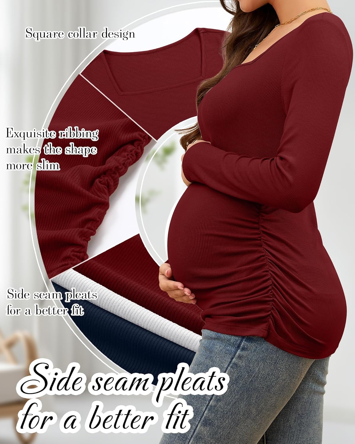 Huukeay 4 Pack Women's Maternity Shirts Cotton Ribbed Long Sleeve Square Neck Pregnancy Tunic Tops Side Ruched Basic Tee