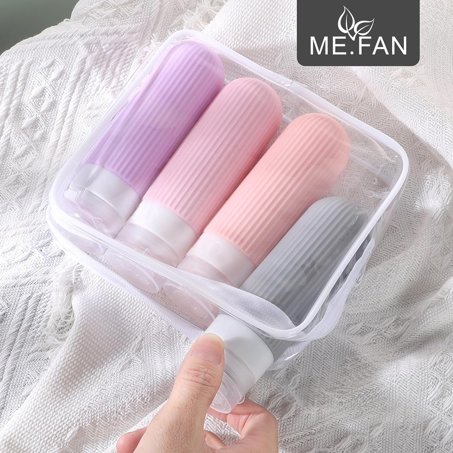 ME.FAN Travel Bottles for Toiletries, TSA Approved 3oz Silicone Journey Size Containers, Portable Split Bottle for Conditioner, Shampoo, Lotion- 4 Pack Purple image 2
