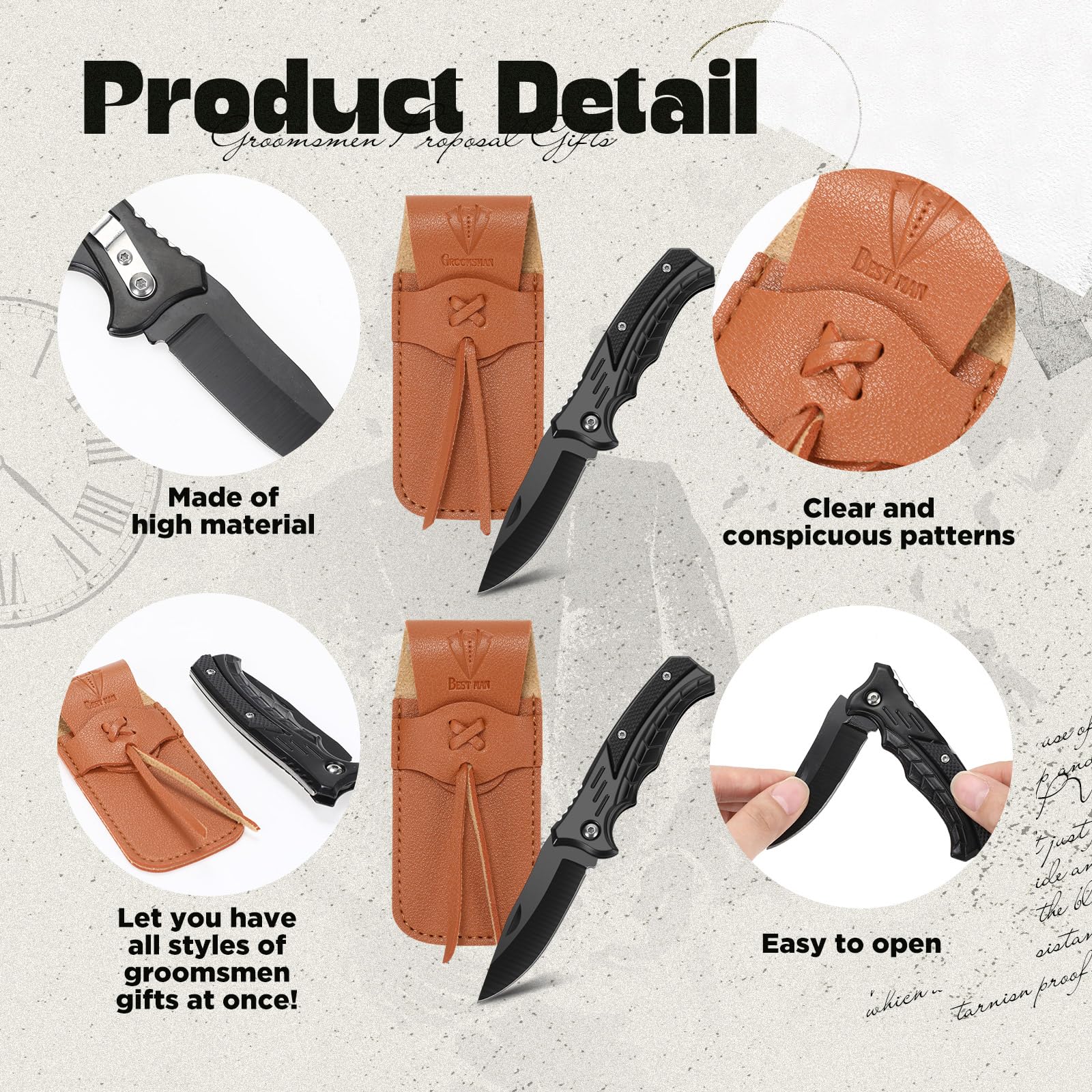 Abbylike 6 Set Groomsmen Gifts Personalized Groomsmen Pocket Knife with Leather Sheaths Mini Folding Knives Proposal Gifts for Wedding Party Favors(Classic,Black)