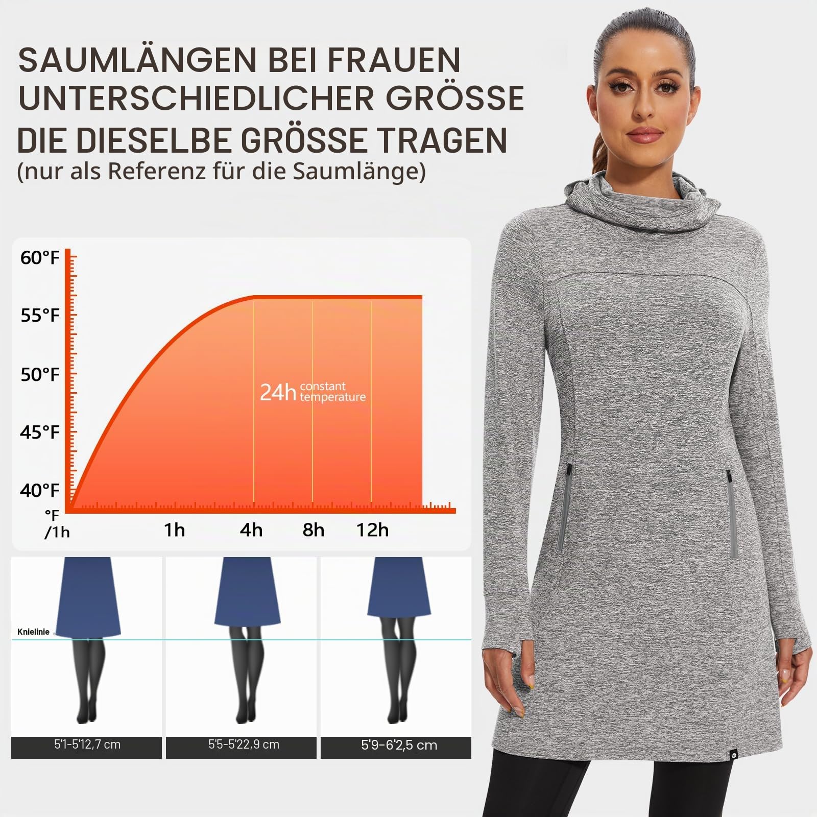 Soneven Damen Fleece Pullover Sweatshirt mit Taschen Rollkragen Langarm Winter Herbst Sweatkleid
