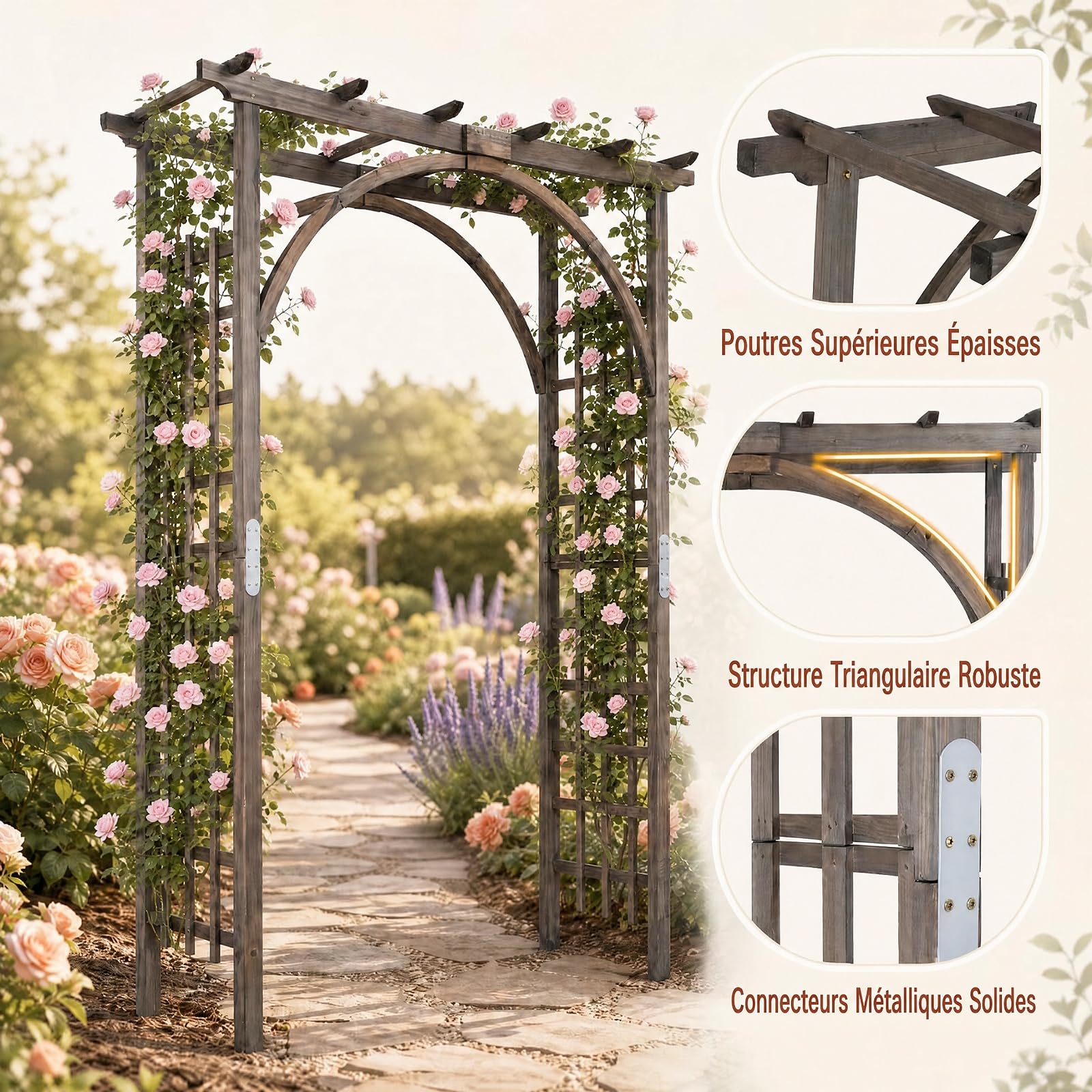 GYMAX Arche de Jardin en Bois pour Roses, Support pour Plantes Grimpantes | Arceau Décorative Extérieure à Sommet Plat, Structure Renforcée, pour Mariage Fête Pelouse et Arrière-Cour, 160x60x216cm