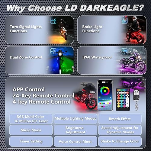 Miniatura 2 de Kit de 20 luces LED para motocicleta con luz de freno, señal de giro de doble zona, luces subterráneas de motocicleta con control remoto APPRF,