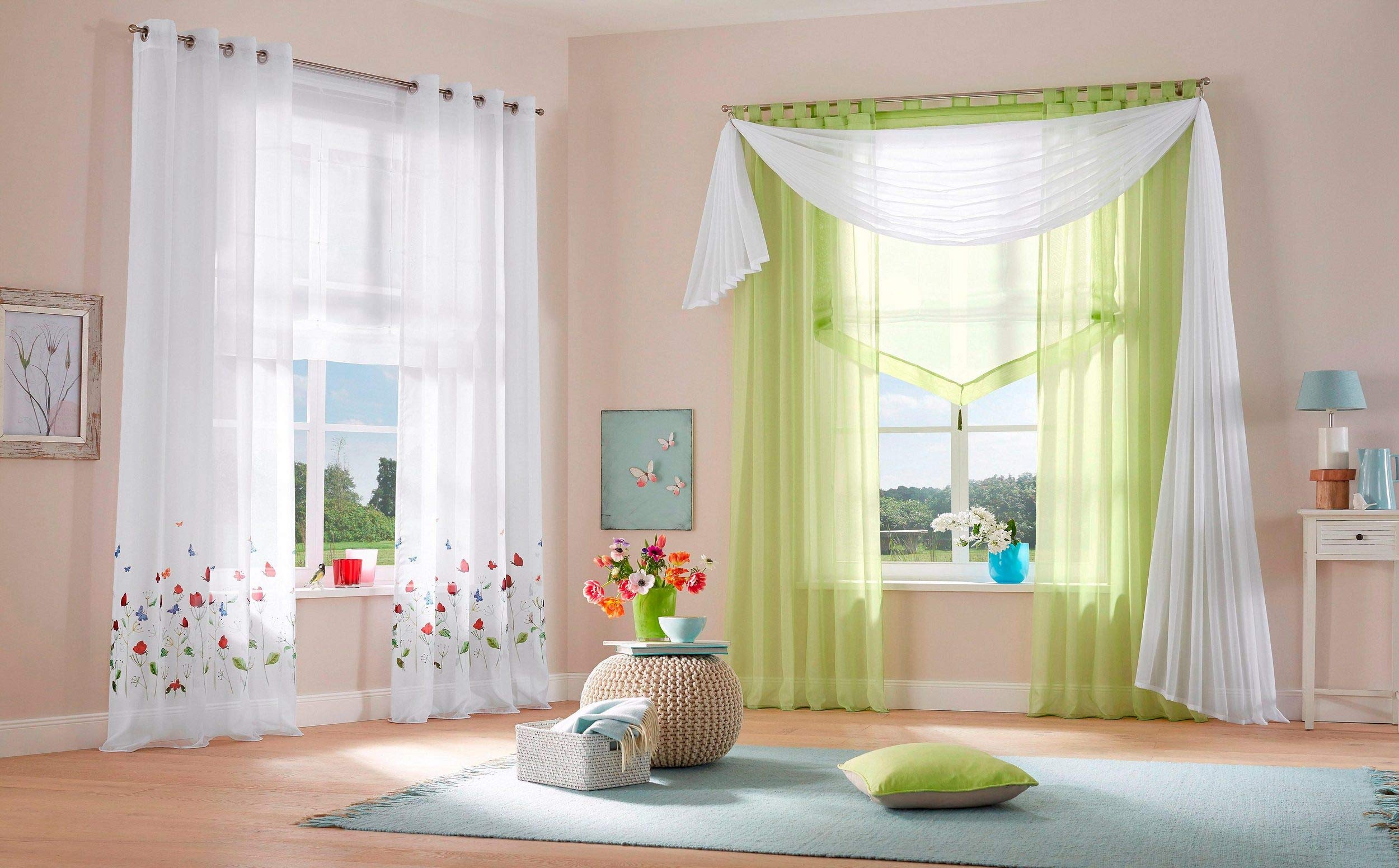 Voile Transparenter Freihandbogen einfarbig Uni Querbehang Wohnzimmer Gardinenschals (HxB 300x140, beige) 1 Stück