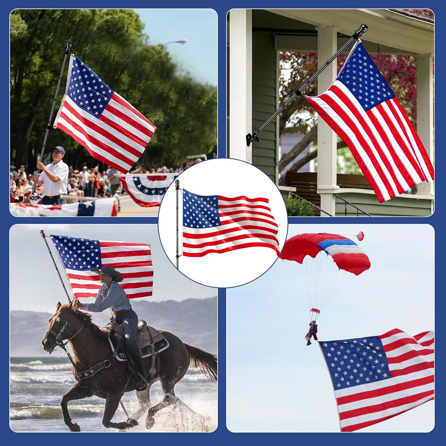 American Flag with Pole for House Outside, Including 5Ft Heavy Duty Flag Aluminum Poles Kit and 100% Polyester 3x5 ft US Flag, No Tangle Spinning Pole and Multi-Position Flag Pole Bracket