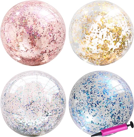 Hileyu 4 Pack Inflatable Glitter Beach Ball Confetti Beach Balls Bulk
