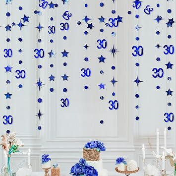 Navy Blue 30th Birthday Decorations Number 30 Circle Dot Twinkle Star Garland Metallic Streamer Bunting Banner Backdrop for Her Happy Dirty 30 Year Old Birthday Thirty Anniversary Party Supplies