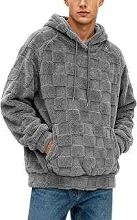 Men Fuzzy Sherpa Hoodie Fleece Sweatshirt Pullover | Mens Fuzzy Sherpa Hoodie, Drawstring Hooded, Front Kangaroo Pockets, Solid Color, Slim Fit, Long Sleeve, Warm in Fall Winter