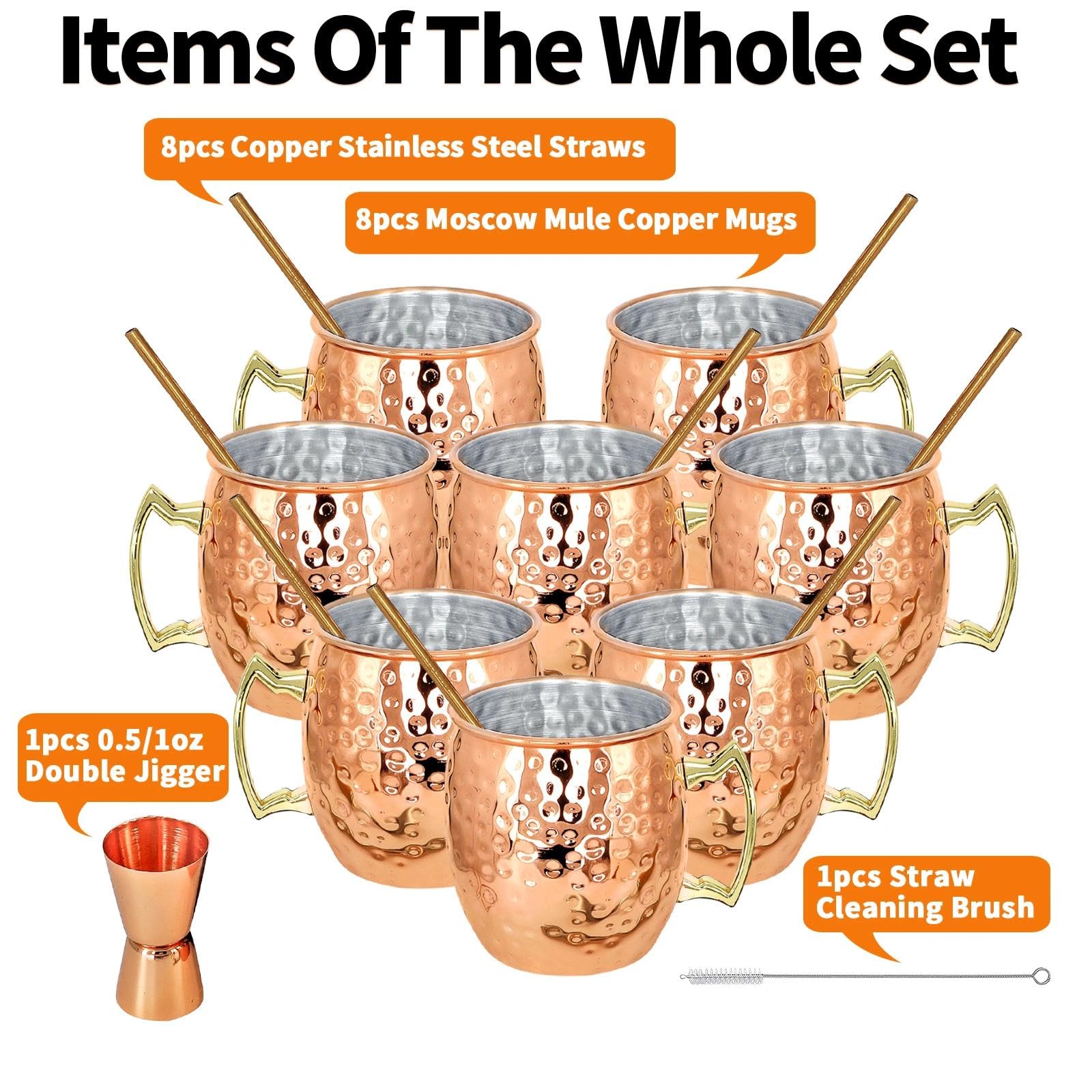 Moscow Mule Lot de 8 tasses avec doseur de 15 cl en acier inoxydable plaqué cuivre 540 ml Parfait pour les boissons froides