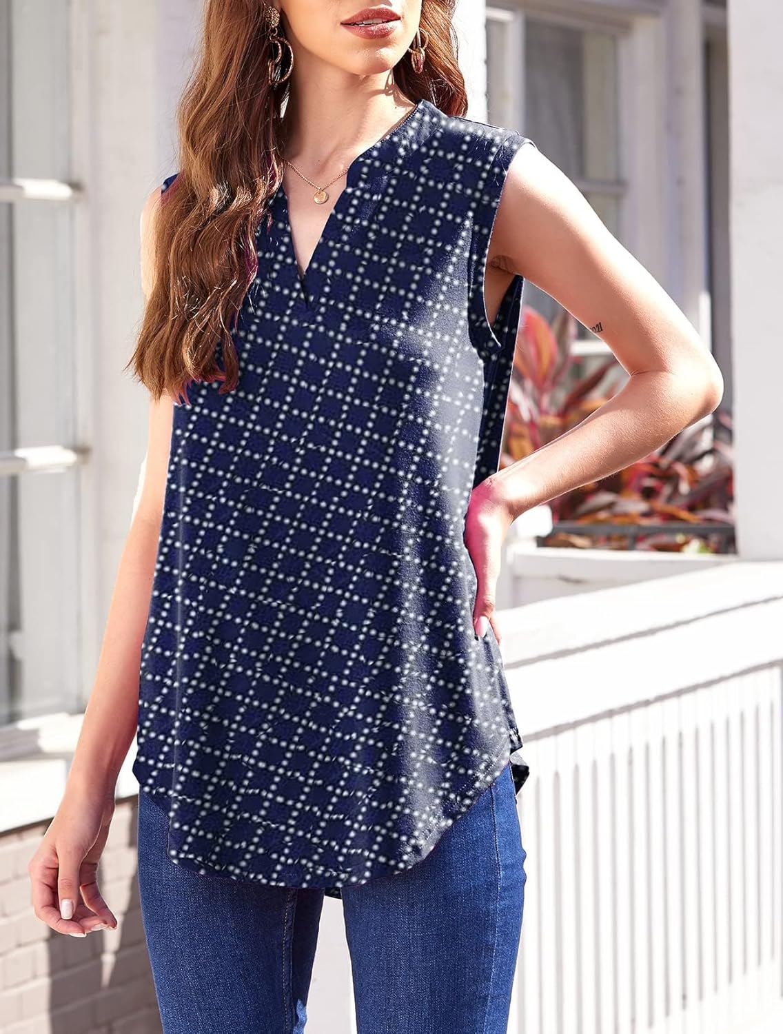 Halife Women's Sleeveless Floral Print V Neck Tunic Tank Tops Blouse Shirts - Image 3