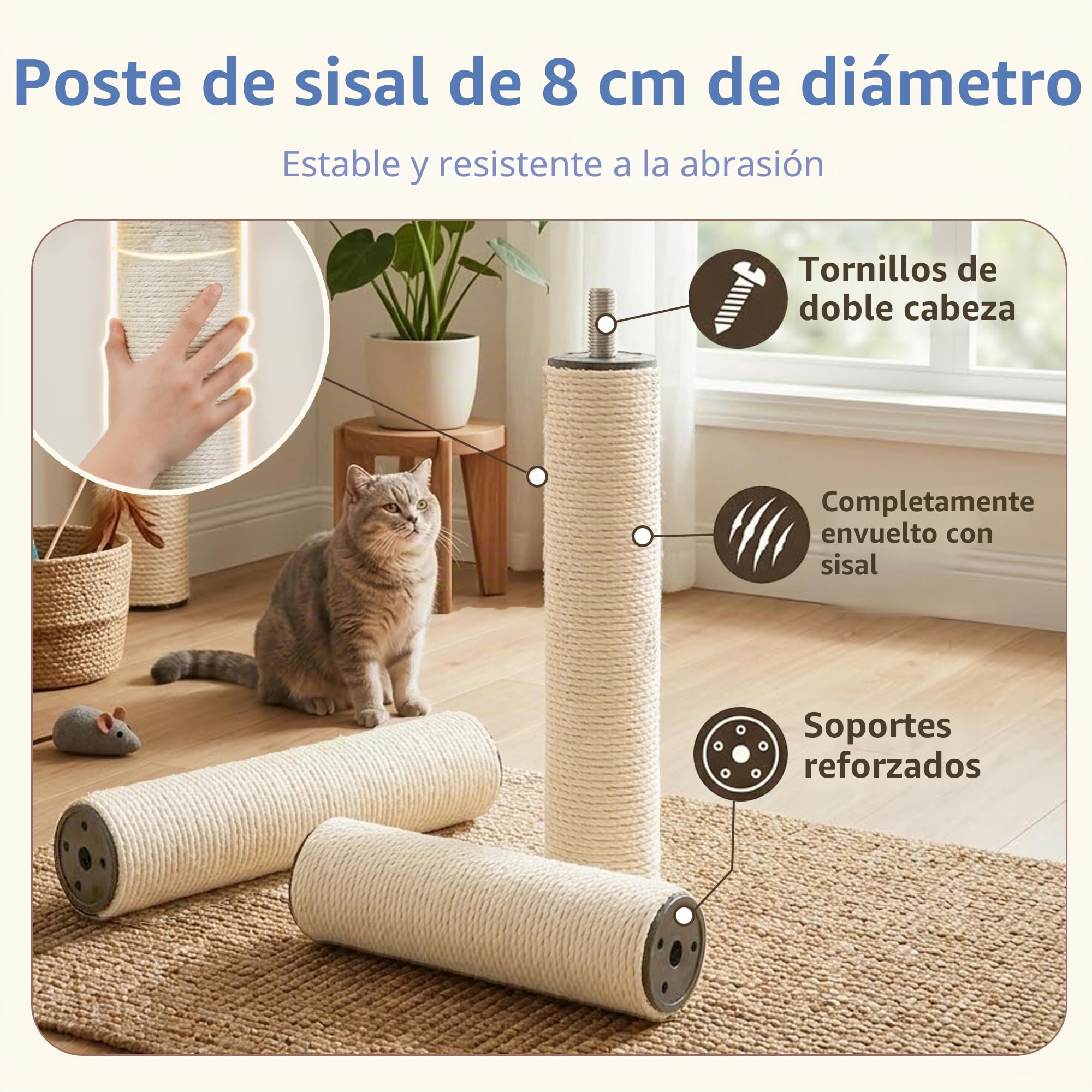 Hey-brother Rascador para Gatos, Poste de Sisal 8 cm Grosor, Cueva, MPJ02G | 130cm Árbol Rascador Para Gatos, con 2 Plataforma, 2 Cesta, Cepillo para Mascotas, para Gato de Interior, Gris Claro