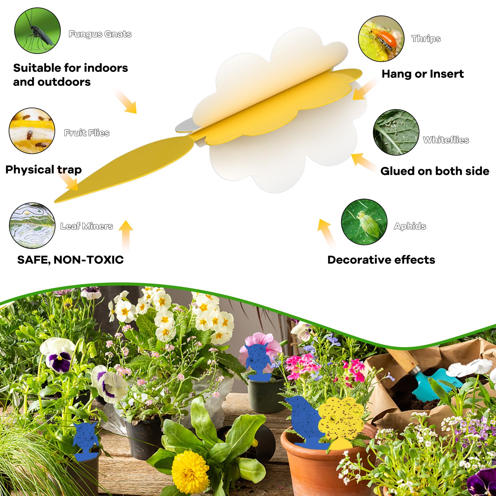 Trampas Adhesivas para Plantas 26 Unidades, Atrapa Moscas de Doble Cara para Interior y Exterior, Potente Control de Plagas No Tóxico para Mosquitos, Moscas de la Fruta y Pulgones