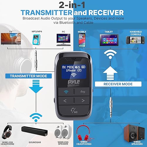 Miniatura 4 de Pyle Receptor transmisor de transmisión Bluetooth inalámbrico, adaptador de audio 2 en 1 para electrodomésticos, automóviles y otros usos, pantalla