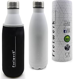 Freiwerk® Thermo Bottle Thermo Gourde isotherme en acier inoxydable à double paroi pour aller Housse de protection en néoprène Camping Sport Bike Outdoor White Matt 500ml