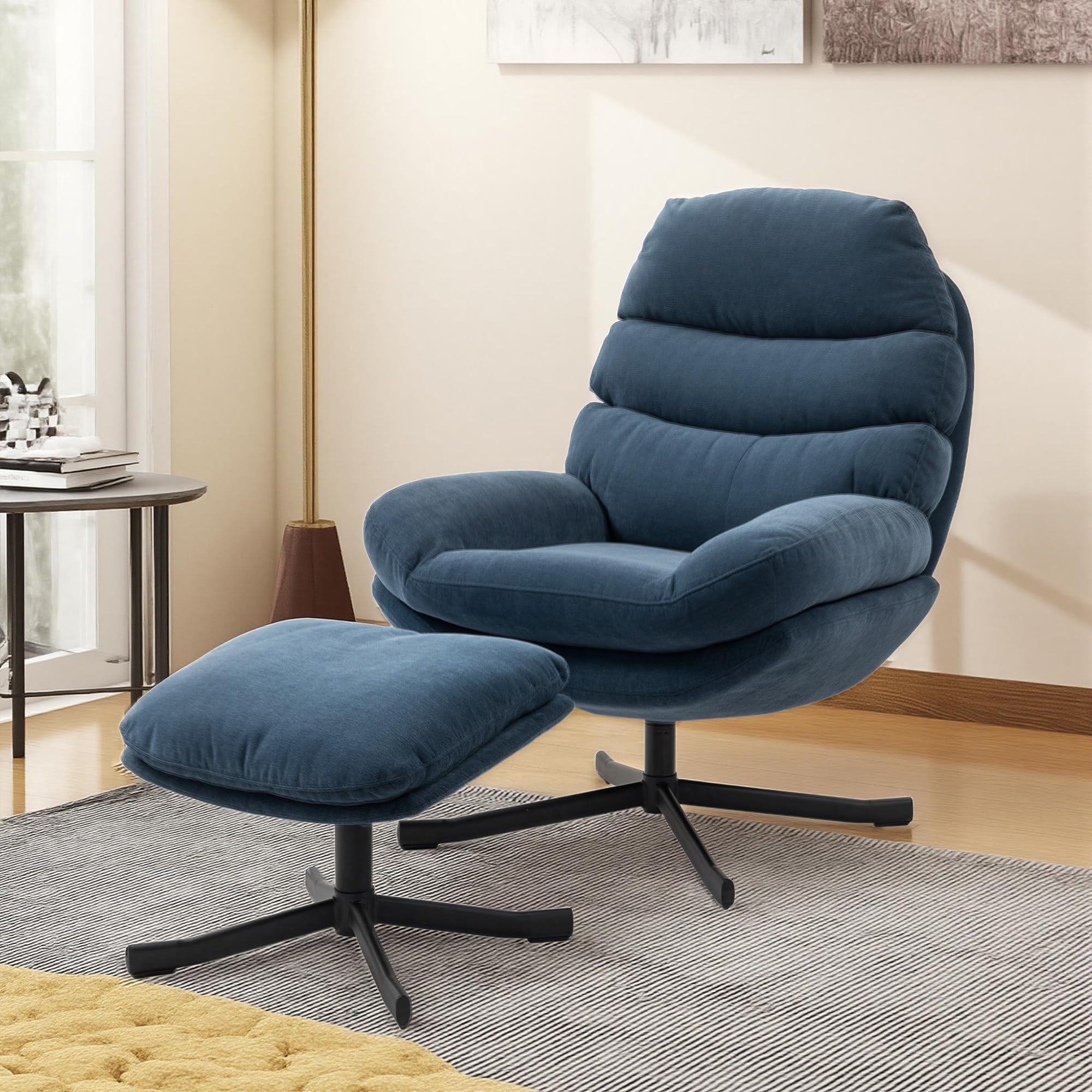 HOMCOM Relaxsessel mit Hocker Sessel Loungesessel mit Chenille-Optik breiter Sitzfläche Drehbar Polstersessel Armlehnensessel für Wohnzimmer, Schlafzimmer, Blau
