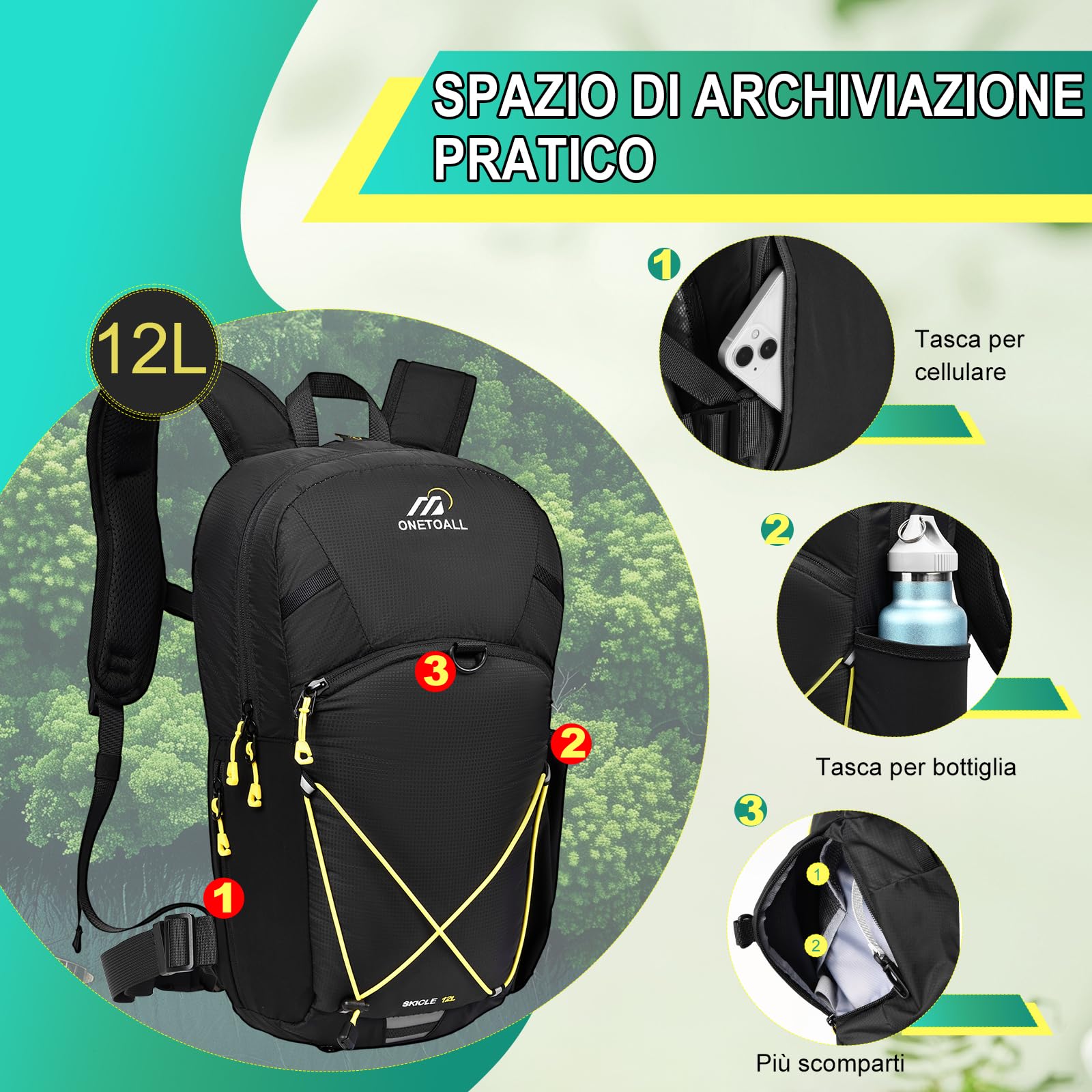 Zaino Antifurto per Bici da Uomo, Zaino da Escursionismo Donna Piccolo 12L, Zaini MTB con Cintura Rimovibile per Ciclismo, Viaggi Giornalieri, Pendolarismo