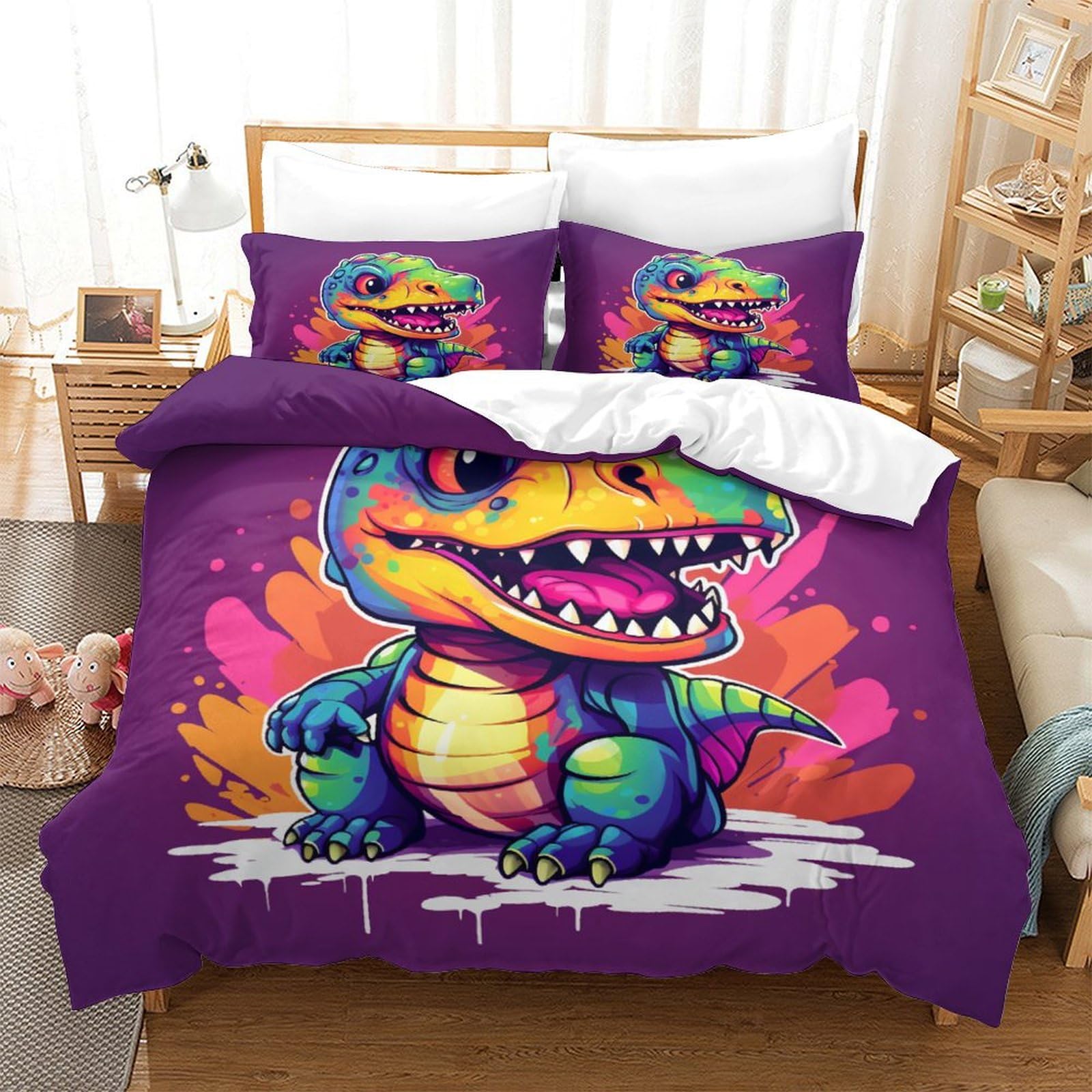 Parure de lit dinosaure 260x220 cm avec housse de couette et taies d'oreiller