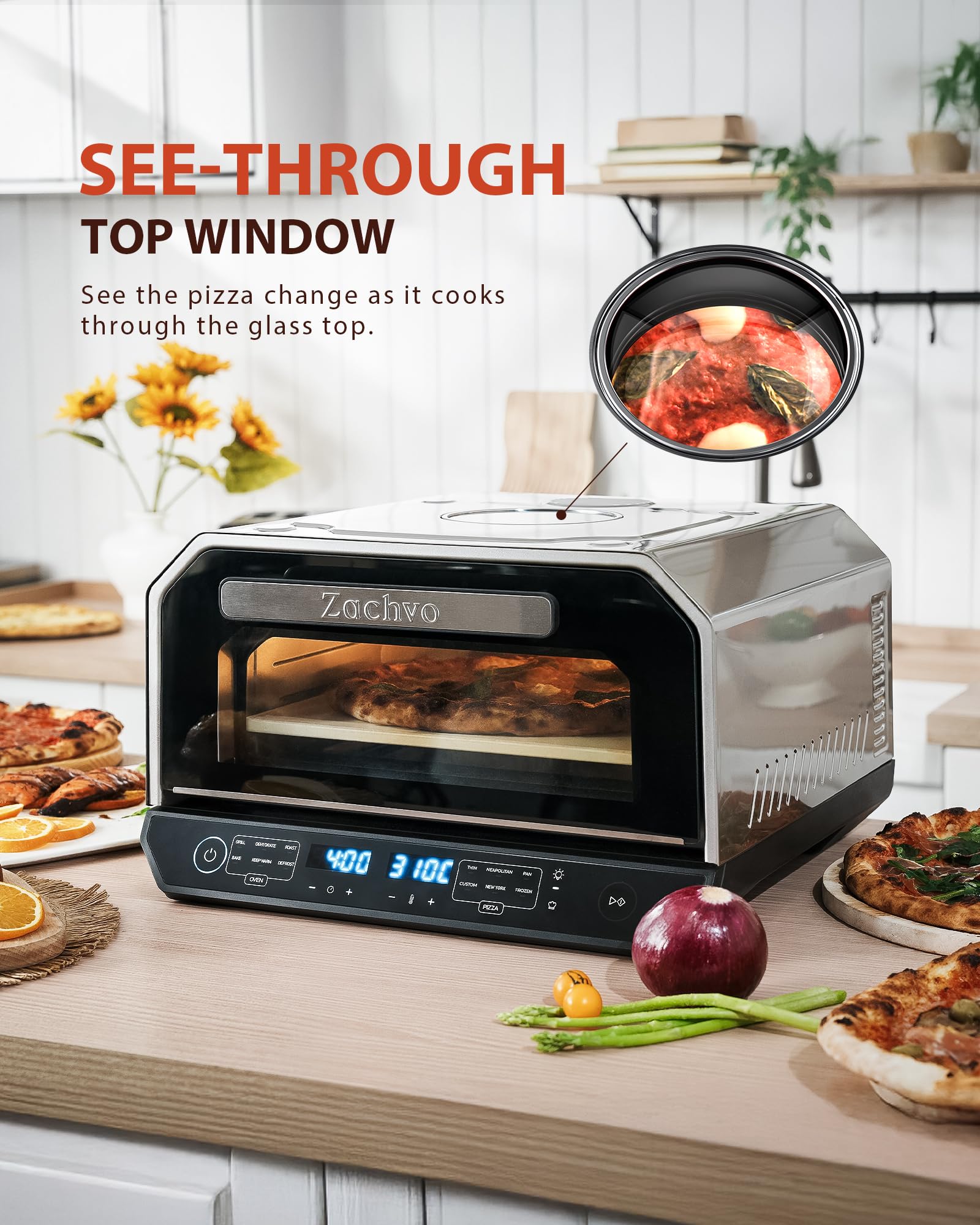 Indoor Pizza Oven, Makes 12 Inch Pizzas in 90 Seconds, Heats up to 850°F Countertop Pizza Oven, 6 Touchscreen Presets Electric Pizza Oven for Kitchen, Baking Tray & Pizza Stone Peel Included-Silver - Additional View