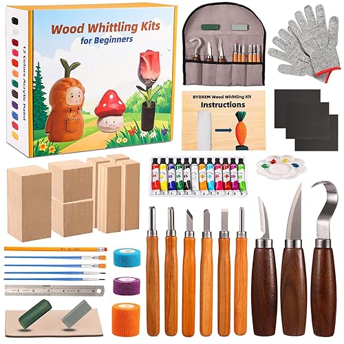 BYDREM Wood Carving Kit, Wood Whittling Kit, Carving Knife Kit, 9 PCS Wood Carving Knifves, 7 PCS Wood Carving Blocks, 12 Colors of Paint, Wood Carving Tools, Complete Wood Whittling Kit for Beginners