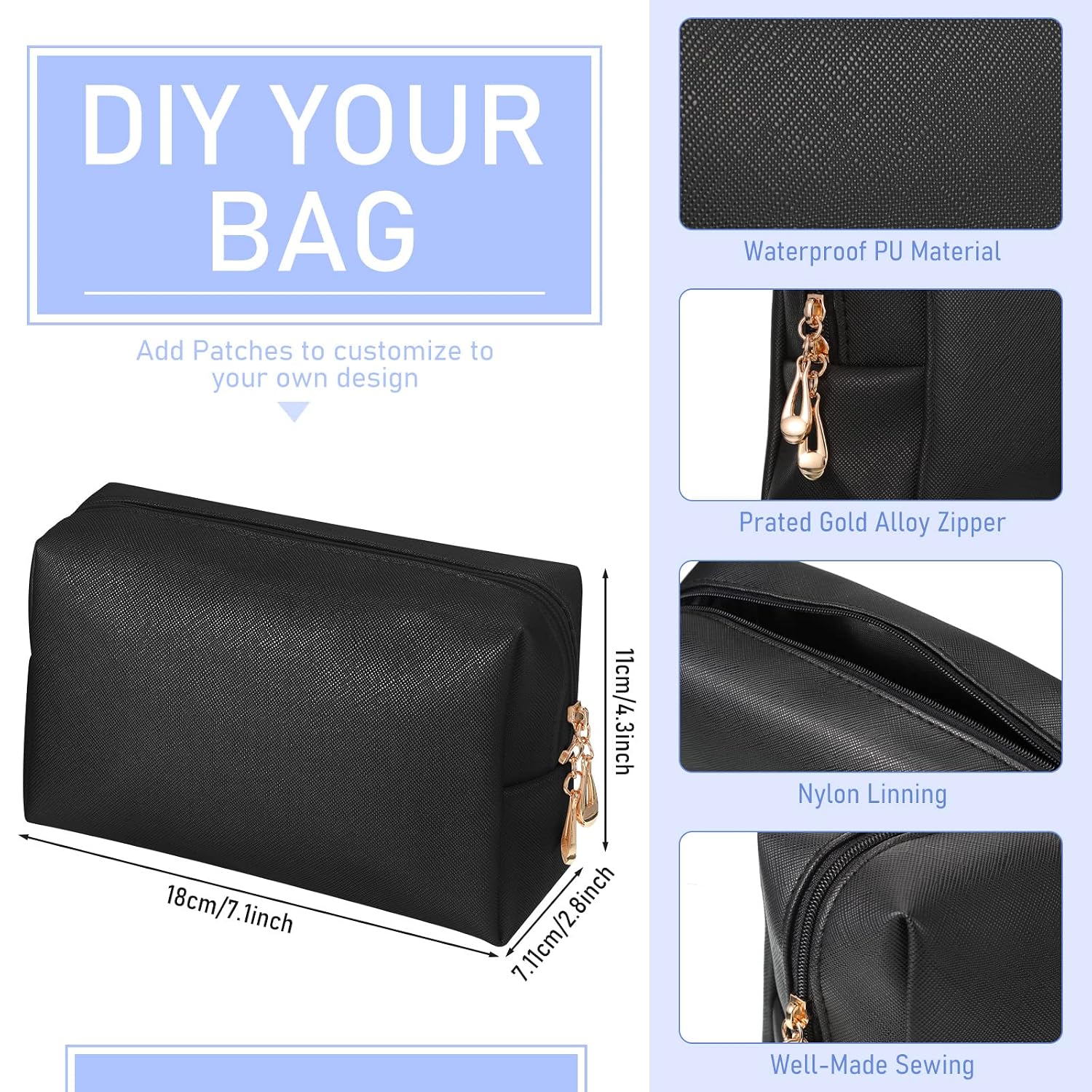 Gerrii 6 Pcs Preppy Patch Makeup Bag PU Leather Cosmetic Pouch Waterproof Cosmetic Pouch with Zipper Portable Travel Toiletry Organizer Bag Makeup Case Gift for Women Friends(Black)