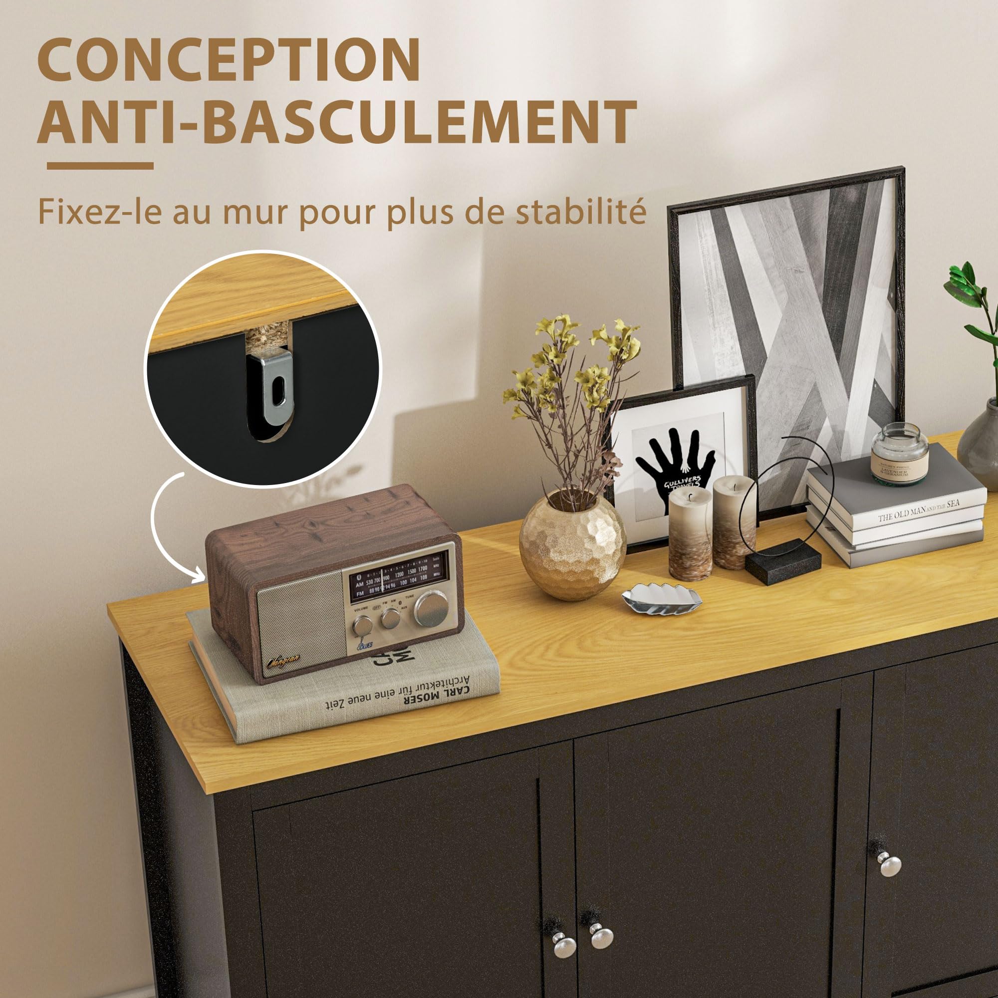 HOMCOM Buffet Meuble de Rangement avec 3 Portes 2 étagères réglables Plateau Aspect Bois Clair - 120 x 40 x 70 cm Noir