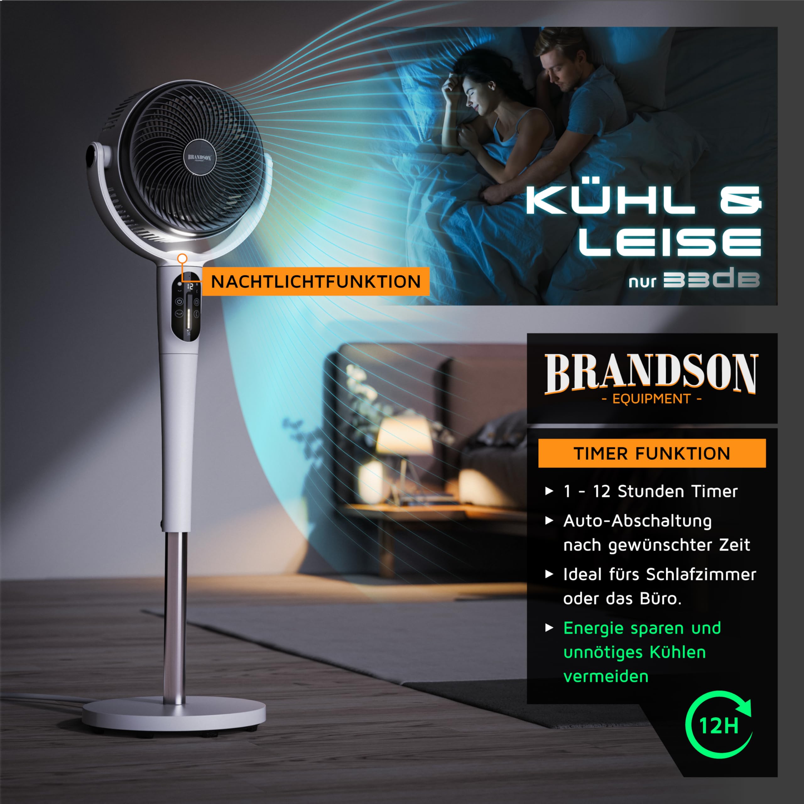Brandson - 3D Standventilator mit ECO DC Motor – sehr leise – Preisträger 2026-60% Energieeinsparung – Ventilator mit 24 Geschwindigkeiten – horizontale und vertikale Oszillation – Fernbedienung