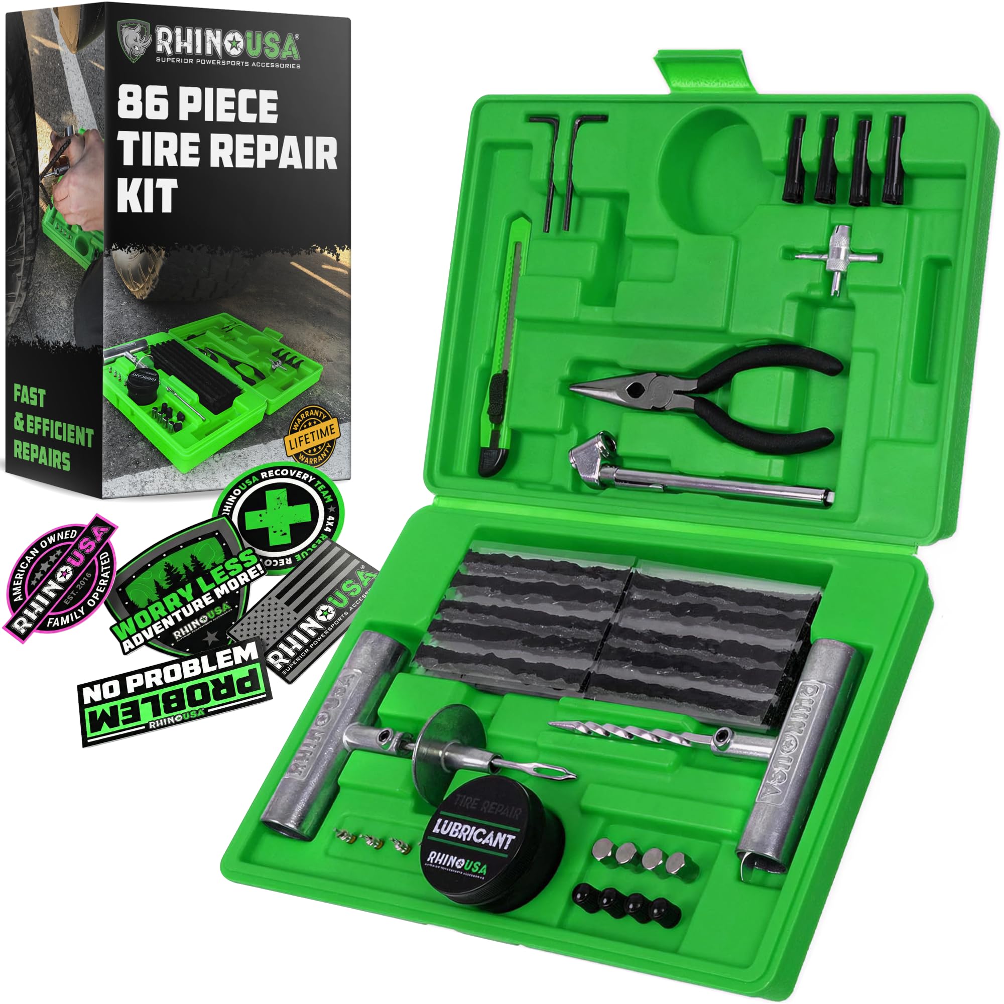 Rhino USA Tire Repair Kit (86 pieces) Meche Tire Puncture Easily Repairs Punctures and Flat Bones - Bike, Car, Motorcycle, Tractor Repair Kit.