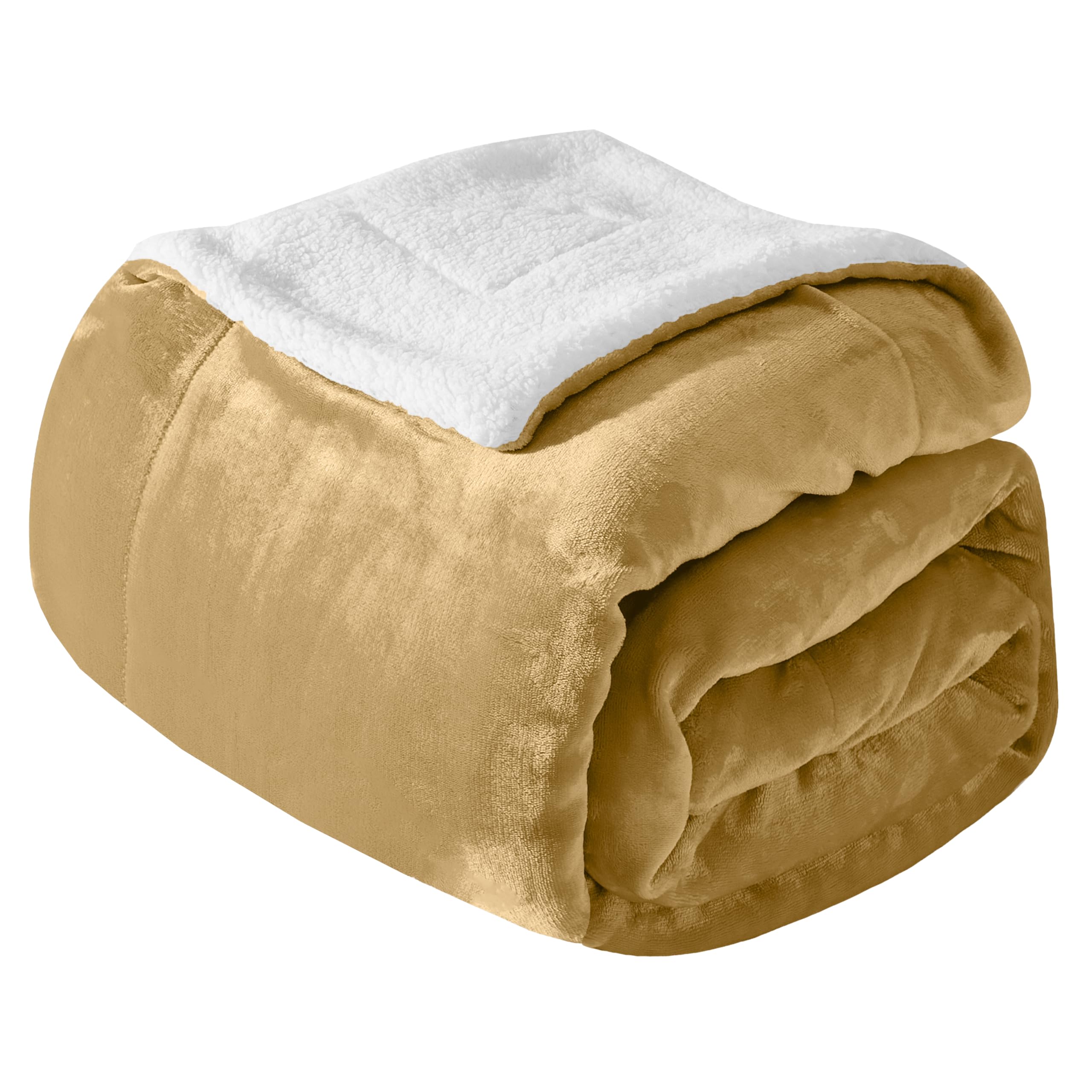 Premium Ultra-Soft Velvet Touch Flannel Fleece Sherpa Throw - Warm Cozy Reversible Plush Micromink Throw Blanket for Couch, Bed and Sofa - Fluffy, Christmas Winter Bedding Gift, Gold