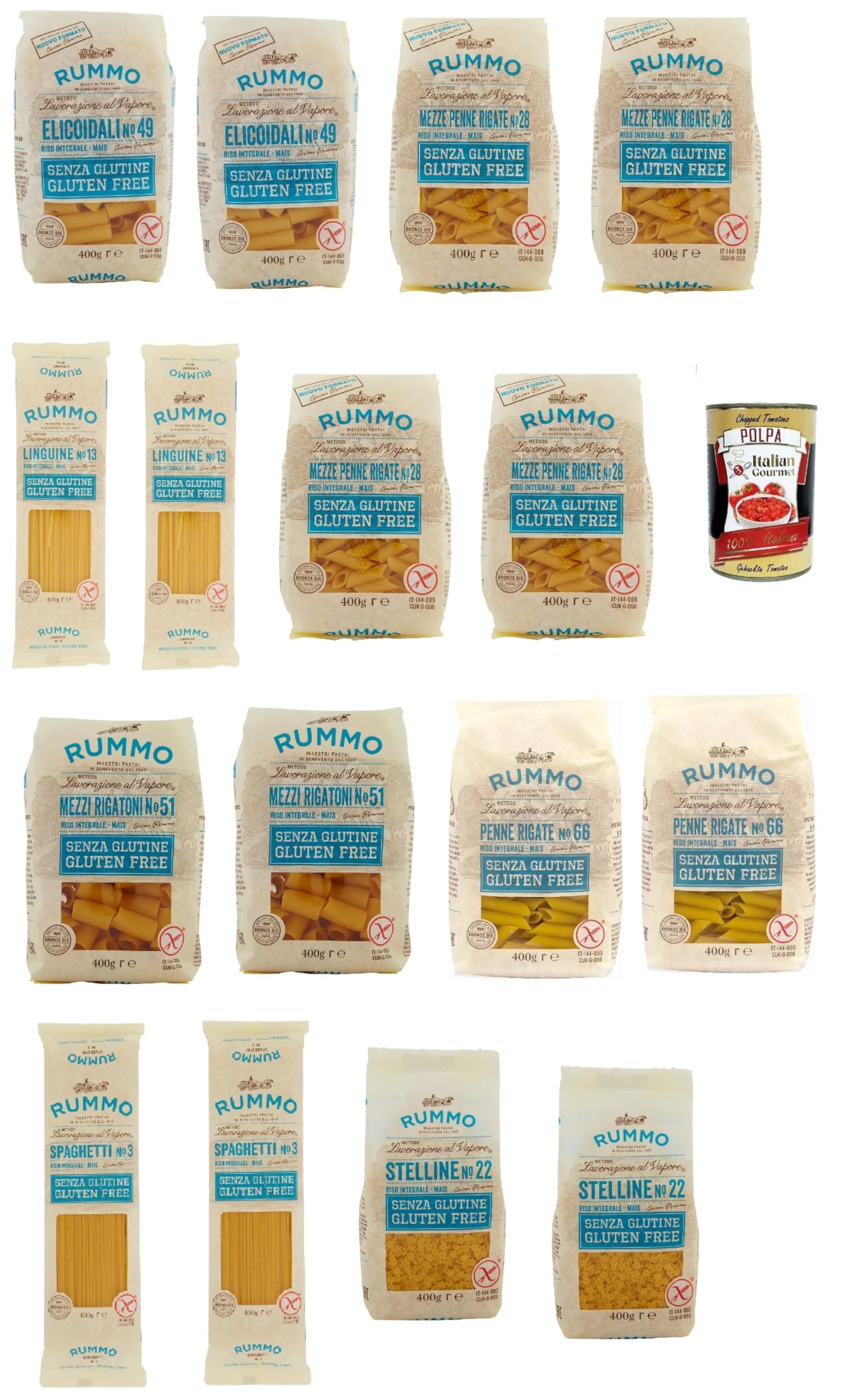 Italian Gourmet Pasta senza glutine Bundle glutenfreie Nudeln Mix 16 x 400g | Penne, Spaghetti, Linguine, Rigatoni, Elicoidali e Stelline; Vorrat für, Gesamtnettogewicht 6,4 kg + Kostenlos Polpa 400g