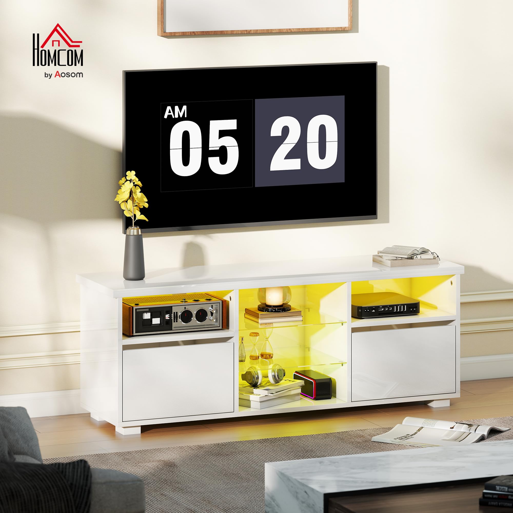 HOMCOM Meuble TV 120 cm Meuble Télé LED TV pour Téléviseur 55 Pouces Blanc