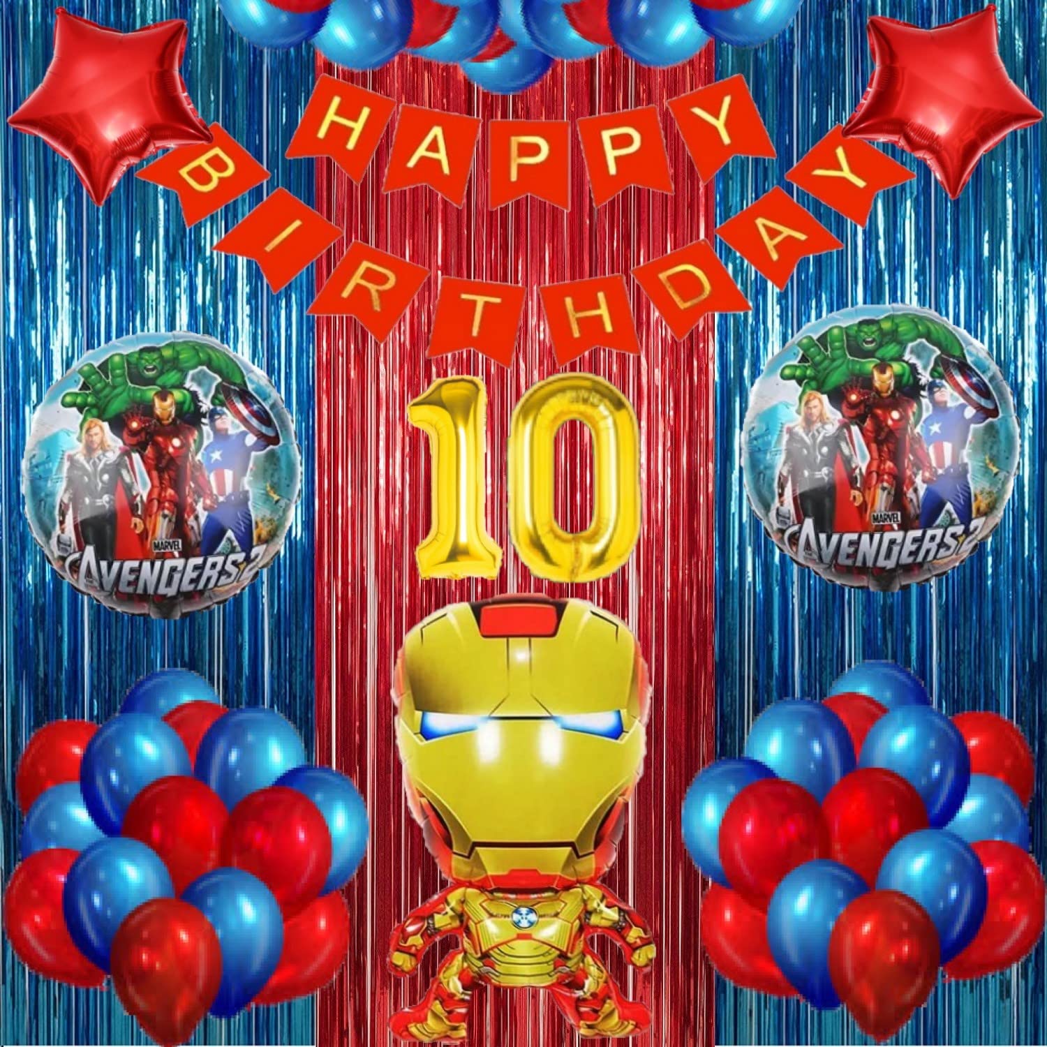Gleam® No 10 Gold Balloons with Iron Man Theme Birthday Decoration Items or Kit Red Paper Banner(Cardstock) Set of 13 Letters with 30 HD Royal Blue & Red Metallic Balloons celebration