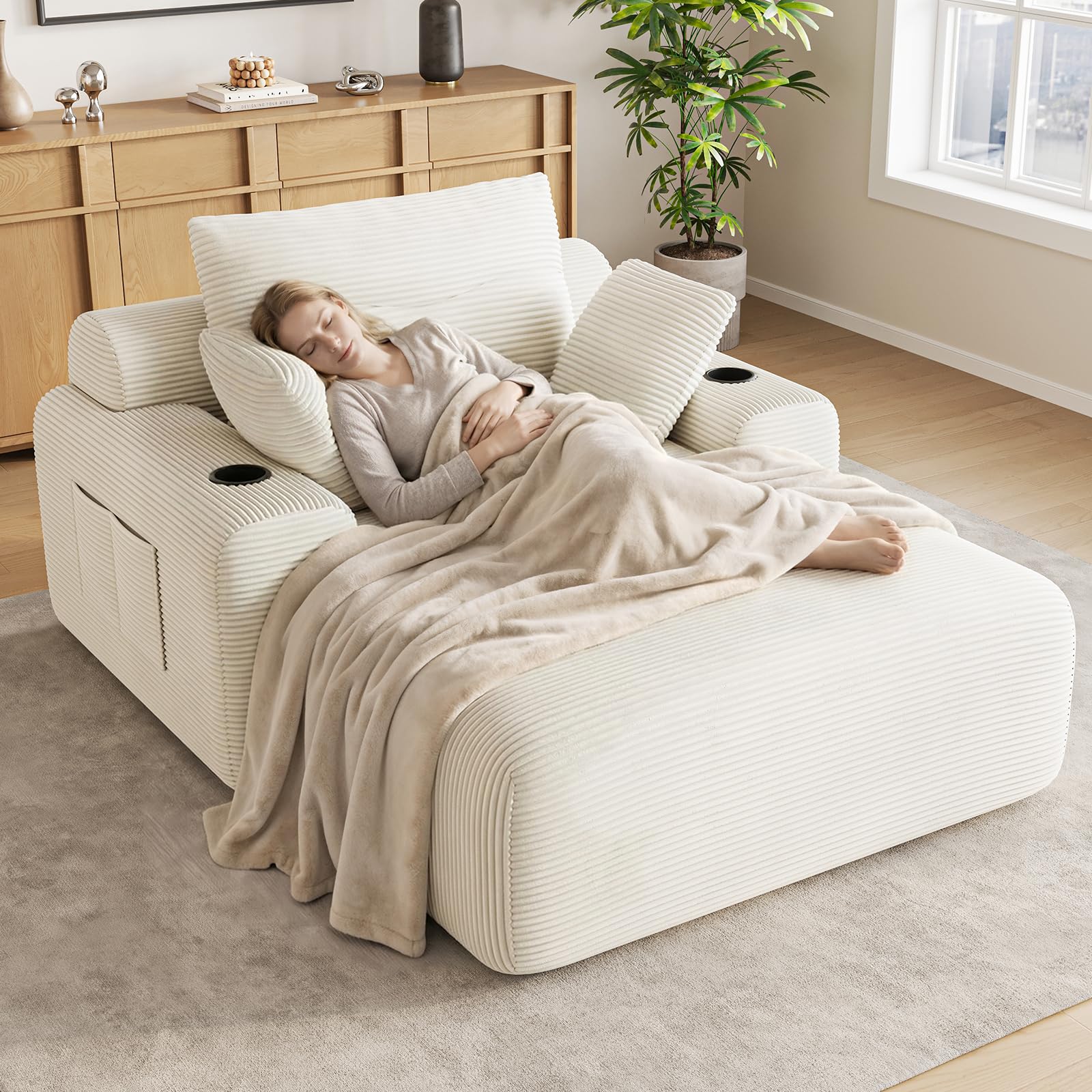 69 Oversized Chaise Lounge Chair Indoor, Modern Boneless Chaise Lounge Reading Chairs with 4 Side Pockets and 2 Cup Holders