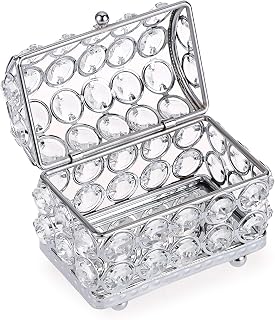 ELLDOO Crystal Jewelry Box, Treasure Chest Style Trinket Organizer Earrings Rings Box Home Decor Accent Decorative Box with Lid for Valentine Wedding Christmas Birthday Gift, Silver, Small