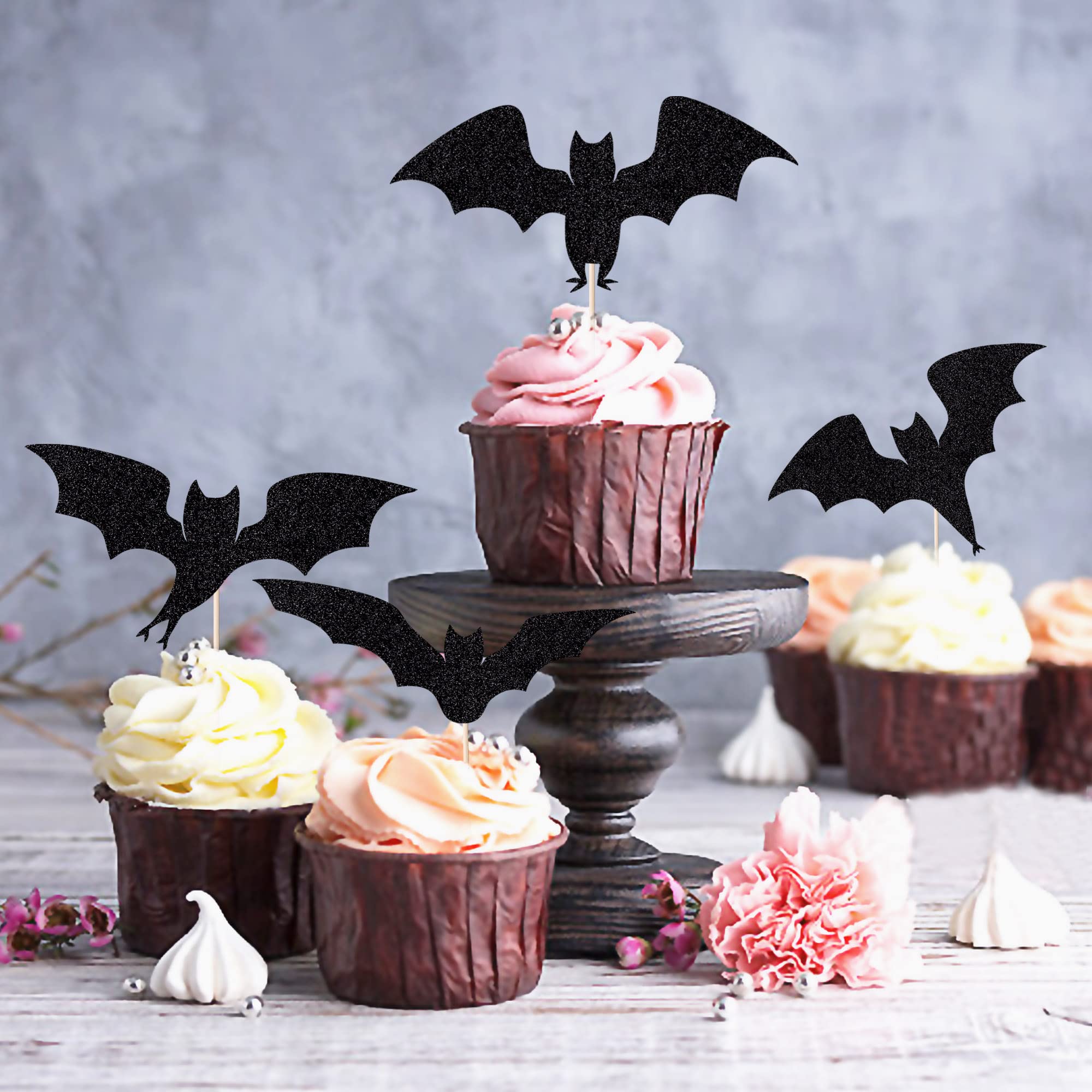 Crseniny Lot de 24 décorations pour cupcakes chauve-souris d'Halloween à paillettes noires