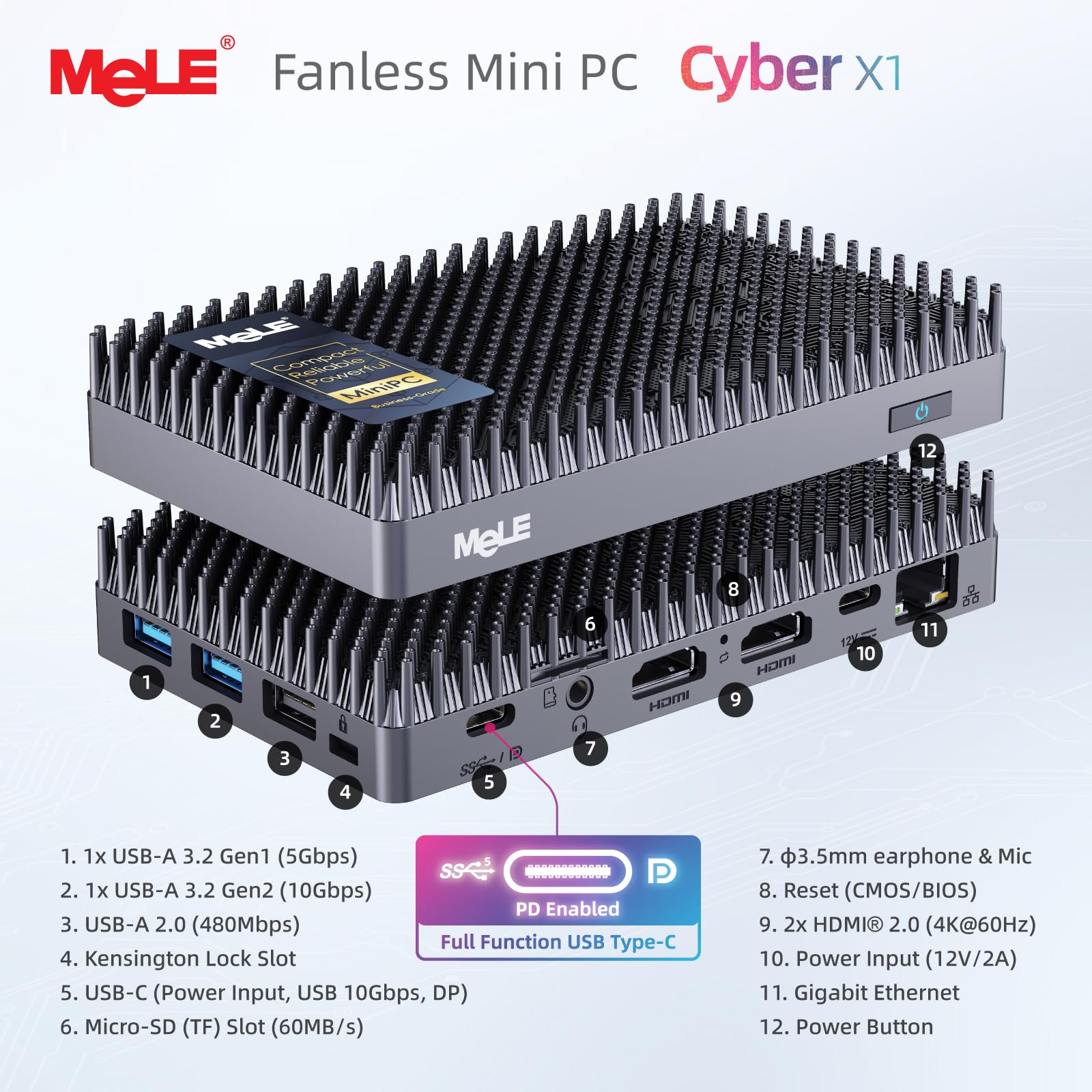 MeLE Mini PC senza ventole N150 16 GB RAM LPDDR5 512 GB SSD, Win11 Pro piccolo micro computer desktop Cyber X1, Dual HDMI, supporto 4K triplo display, USB 3.2x3, USB-C, WiFi5 BT5.1, PC portatile per