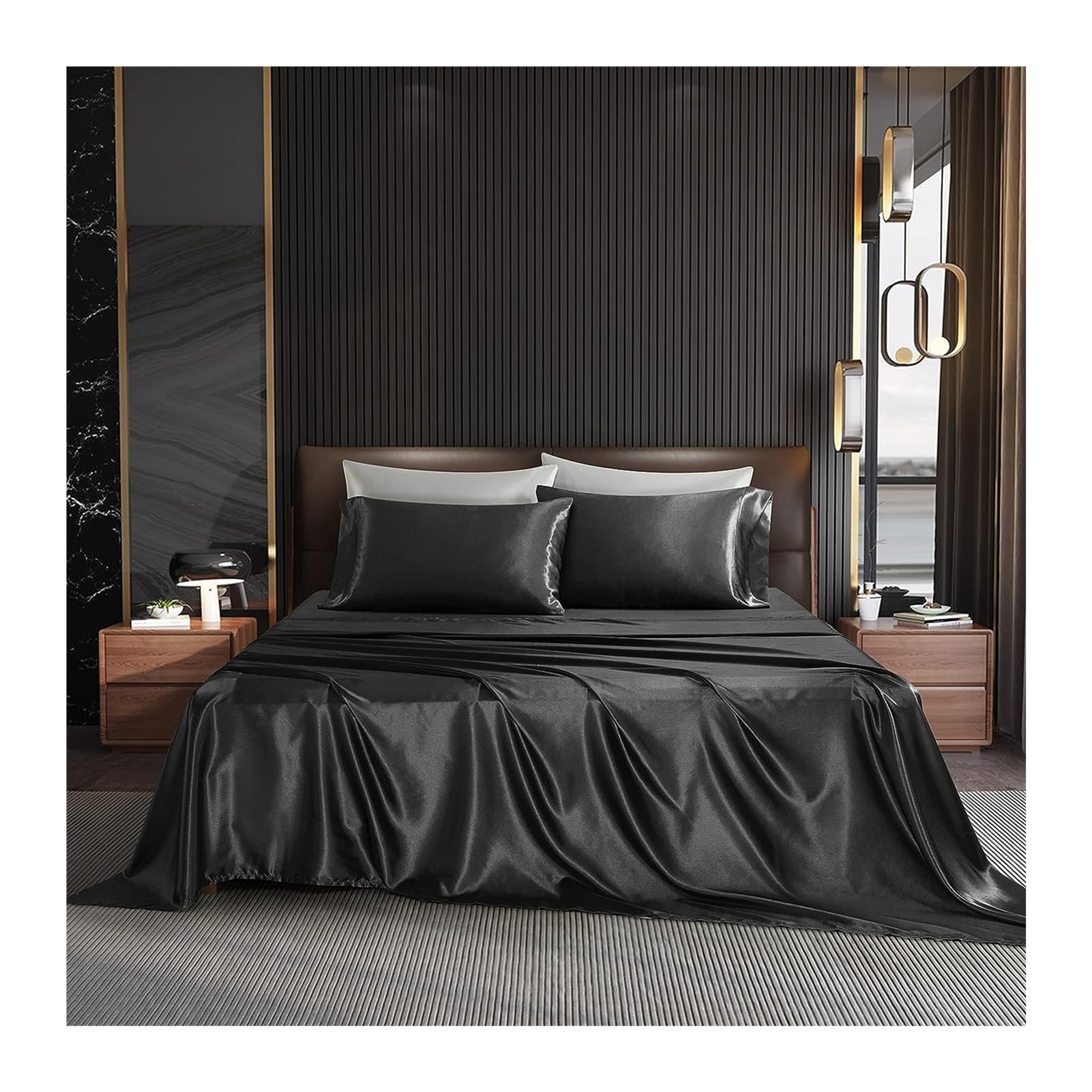 Sábana Encimera 170x230cm 230x250cm 250x250cm de Satén Cama 120cm 150cm 180cm Sábana Plana de Seda Lavada Suave y Tacto Fresco(Black,250x250cm+48x74cm x2)