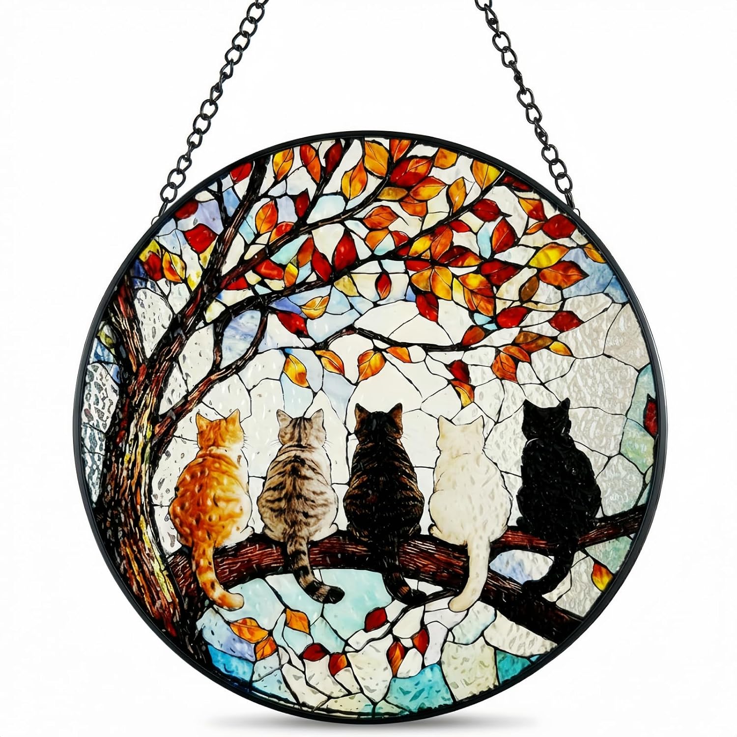 Stained Glass Window Hanging - 5 Cats Branch Suncatcher for Indoor/Outdoor Home Decor Hanging and Mother's Day Birthdays Housewarming Gifts for Women Mothers Wives Diamond Glass Panel 7.9x7.9 in
