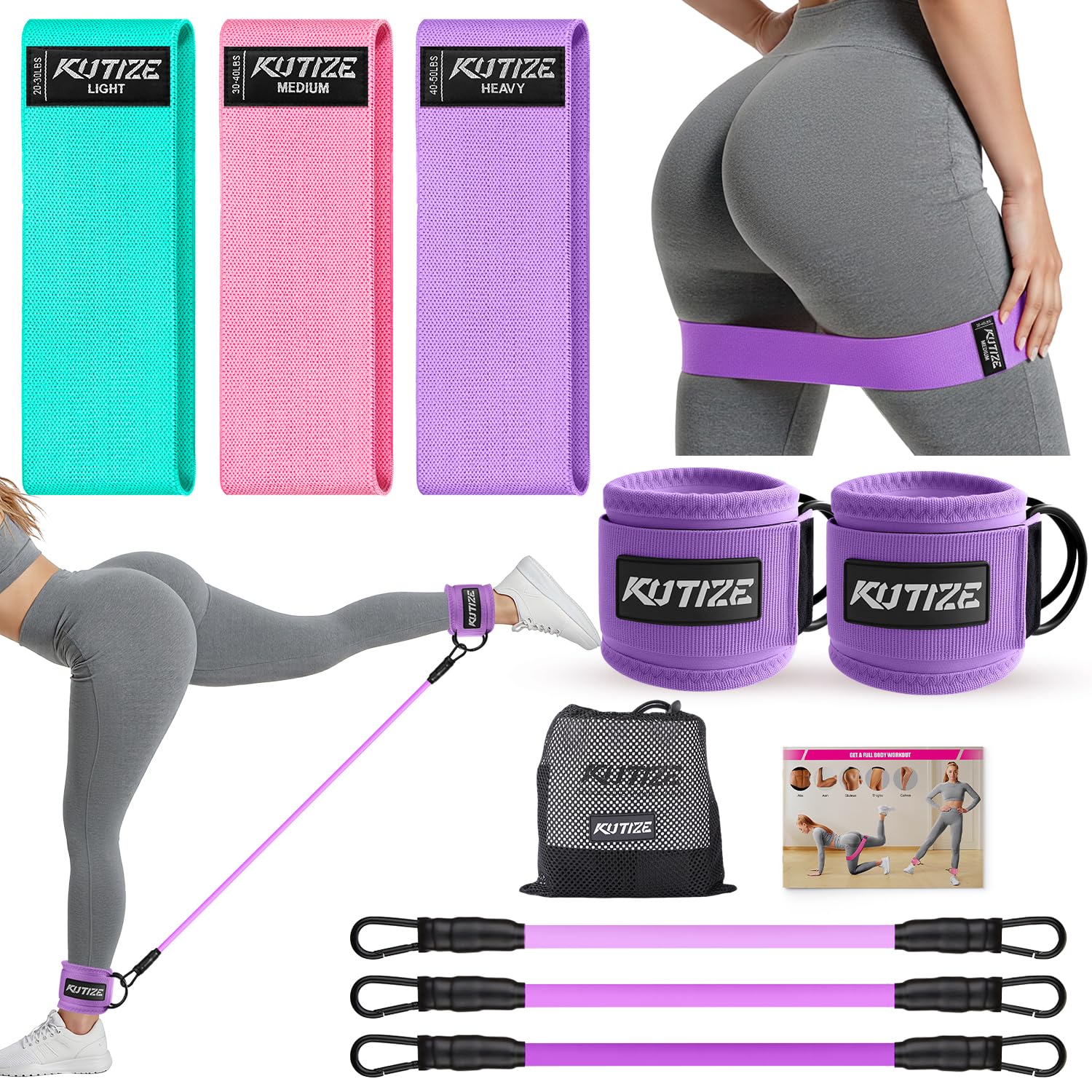 KUTIZE Ankle Resistance Bands with Cuffs & Fabric Resistance Bands Set - Legs & Glutes Workout Equipment for Women & Men, Home Gym Heavy Exercise Bands for Butt, Hip, Yoga,Strength Training