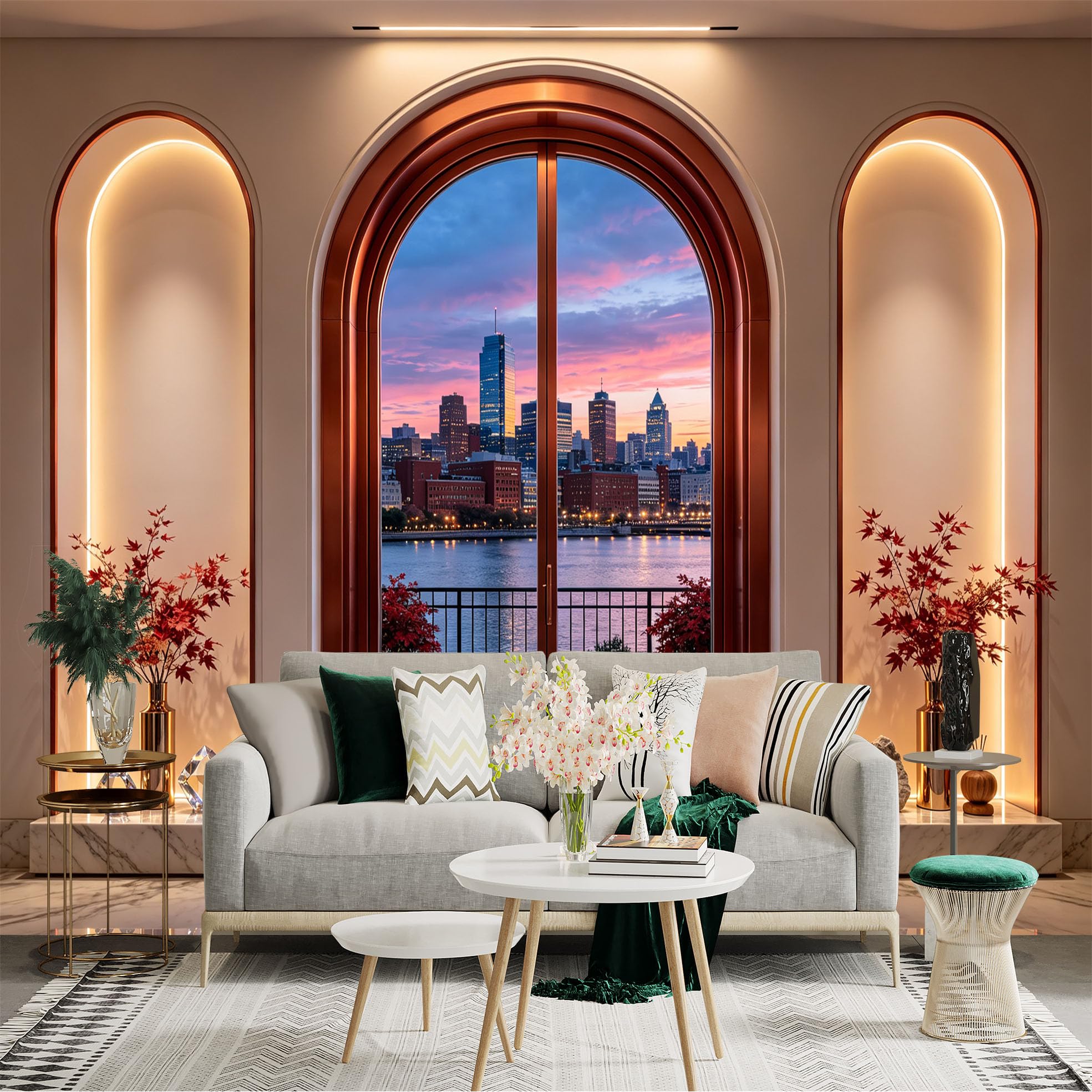 Custom Size Wall Sticker Mural， Sunset City Skyline by Riverside Through Arch Window， Modern Interior View， for wall Decoration， peelandstick wall Decals.