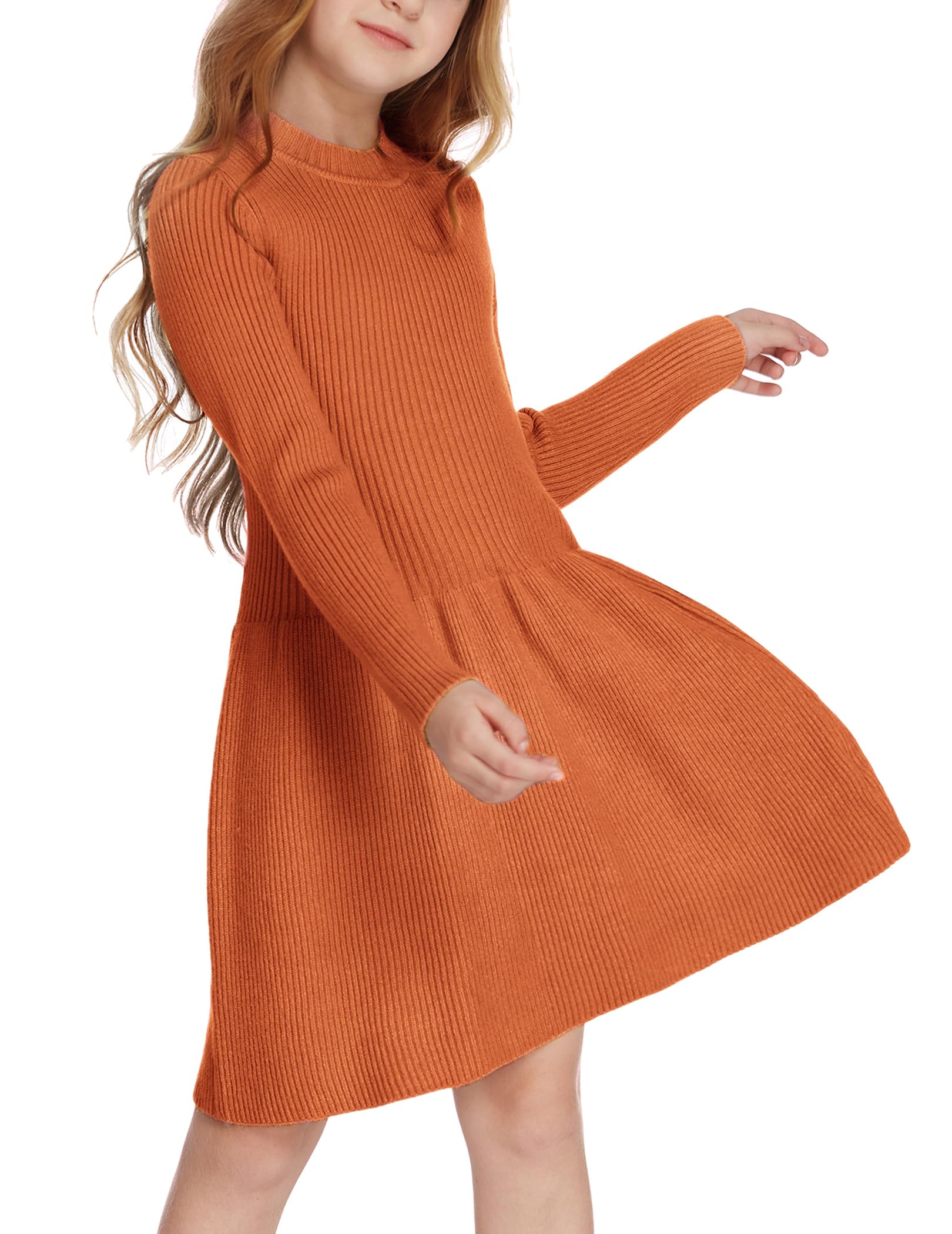 Arshiner Mädchen Pullover Kleid Herbst Winter Kleid Langarm Strickkleid Flare Skater Kleid A-Linie Einfarbig Basic Kinder Freizeitkleid