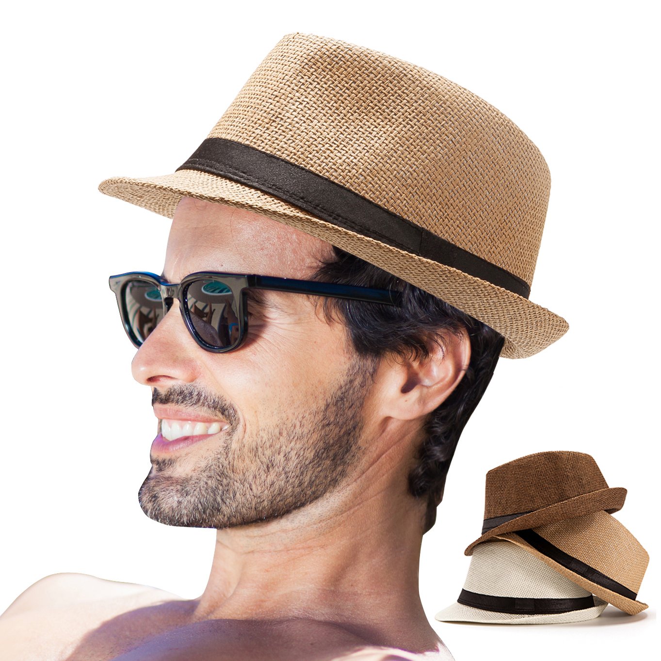LADYBRO 7 1/4 Straw Fedora Hats for Men Summer Short Brim Trilby for Travel (Pack of 3, M/L)