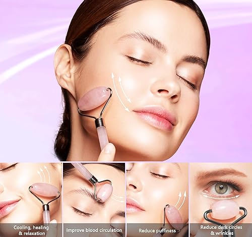 Miniatura 3 de Mina Heal Rodillo de jade para cara, masajeador de drenaje linfático y herramienta facial Gua Sha, rodillo facial para cuidado de la piel,