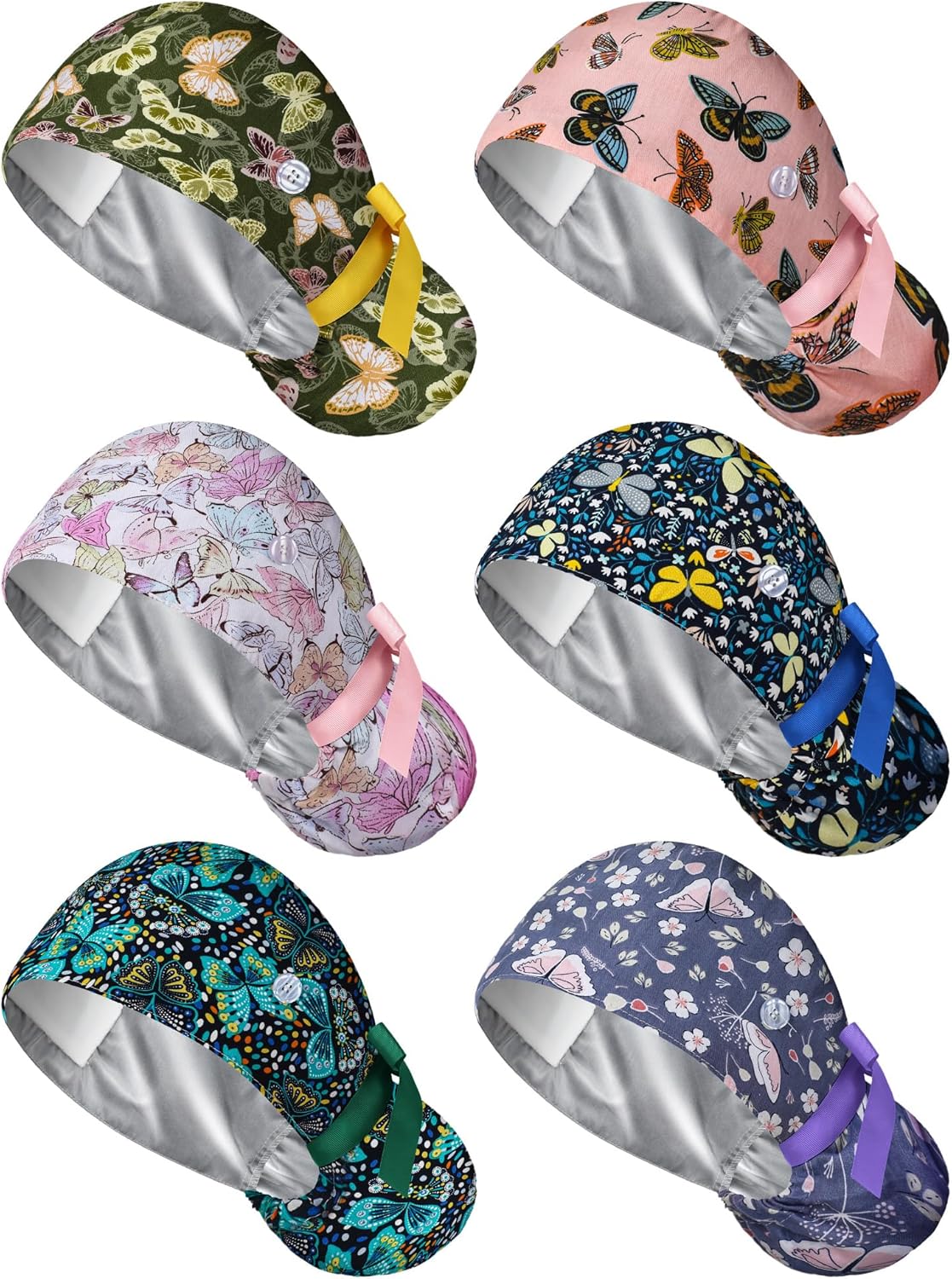6 Pcs Satin Lined Scrub Caps Women Nurse Surgical Hat with Buttons Ponytail Working Adjustable Pouch Tie Back Butterfly Style