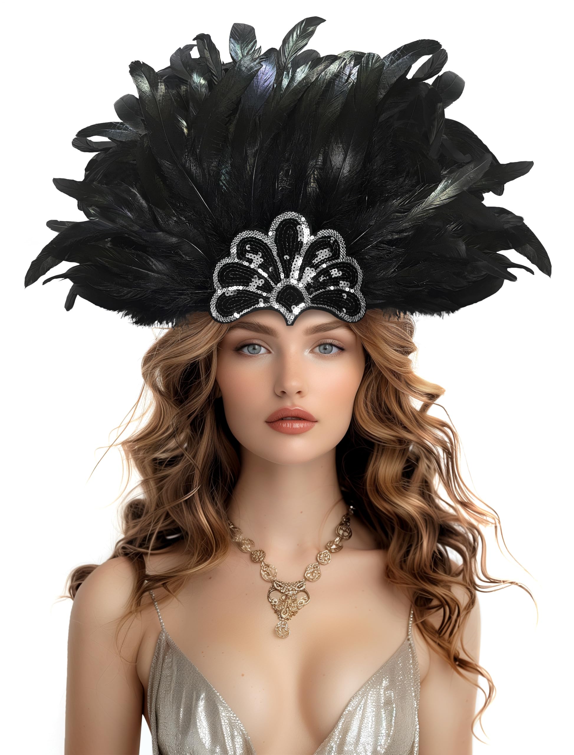 JEGERMIG Black Feather Sequin Headwear Carnival Headpiece Showgirl Cosplay Accessories for Women