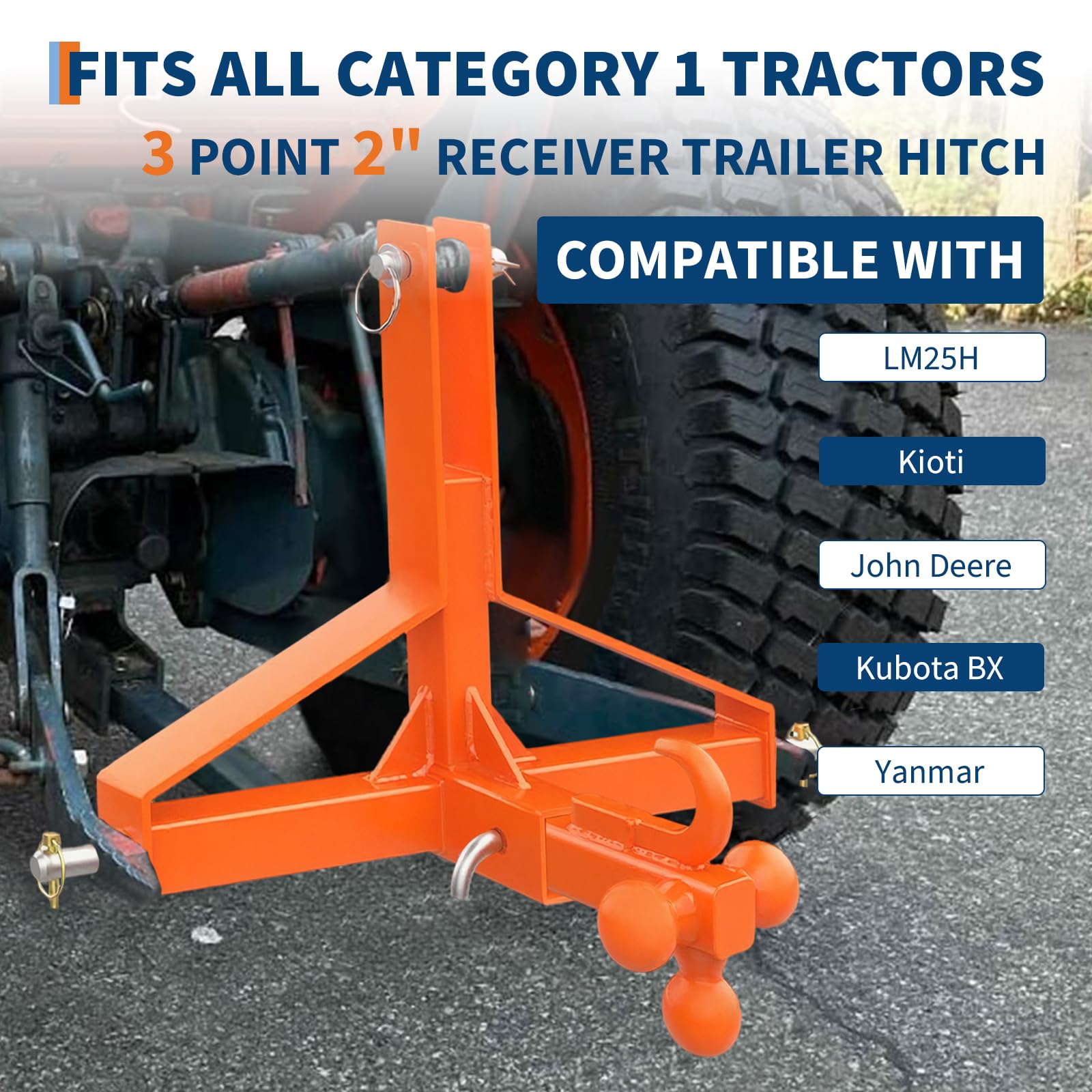 Attelage 3 Points Robuste pour Tracteur – Capacité 4,5T – Acier Carbone – Récepteur 2" et Crochet Boule 4 Directions – Outil Manuel de Jardinage – Compatible Catégorie 1 – Orange, Triangle