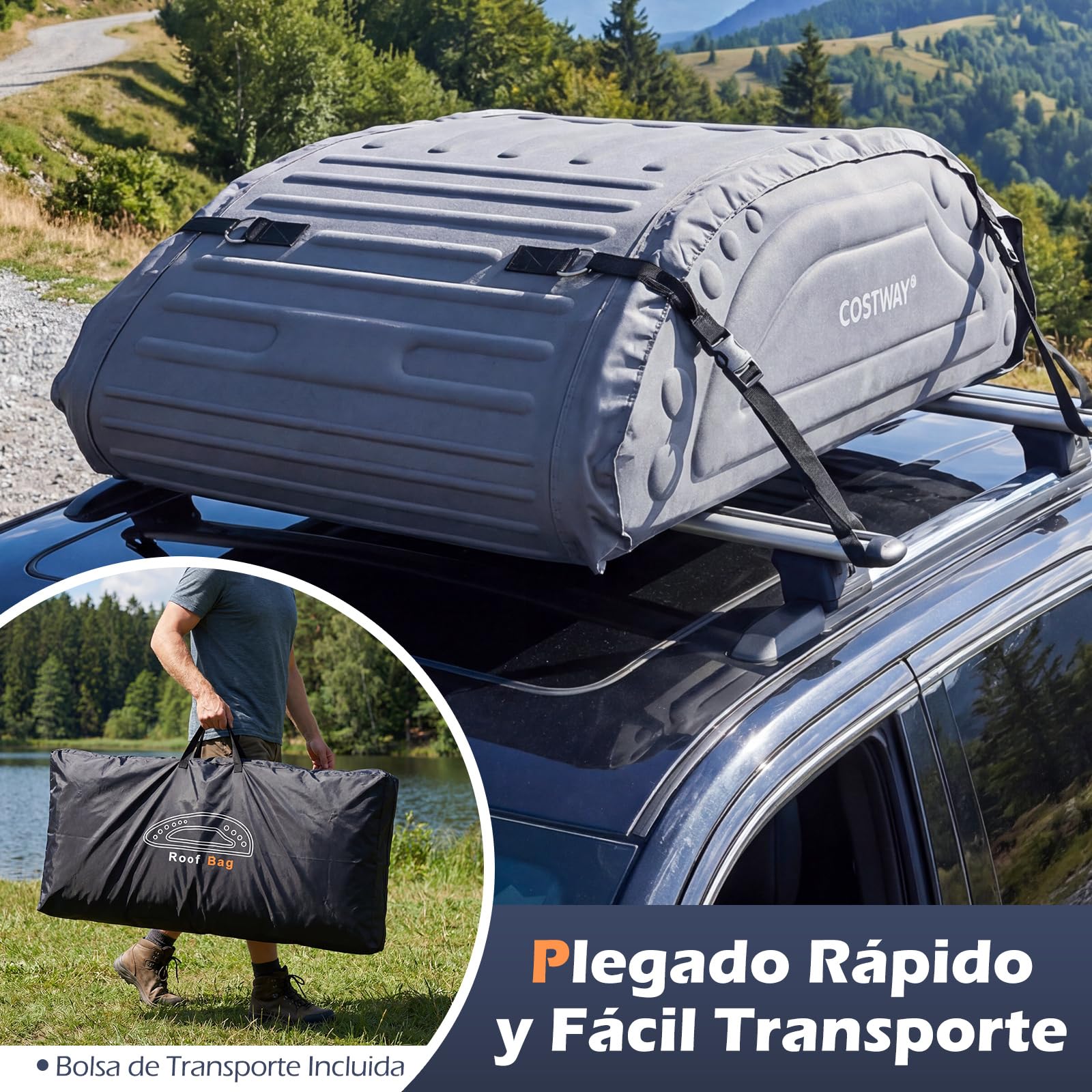 COSTWAY Bolsa de Techo de Coche Capacidad de 425 litros Bolsa de Portaequipajes Impermeable con Correas para Vehículos SUV Negro (Gris)