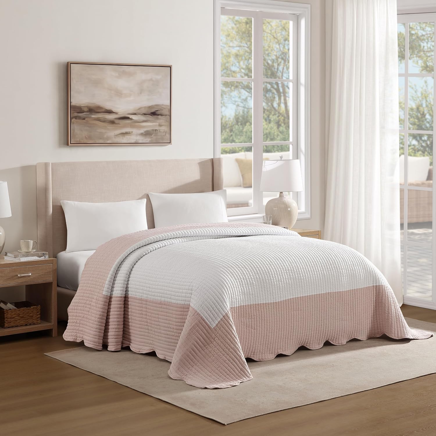 Clayton Queen Scalloped Edge Bedspread, Lightweight Quilted Coverlet, Blue