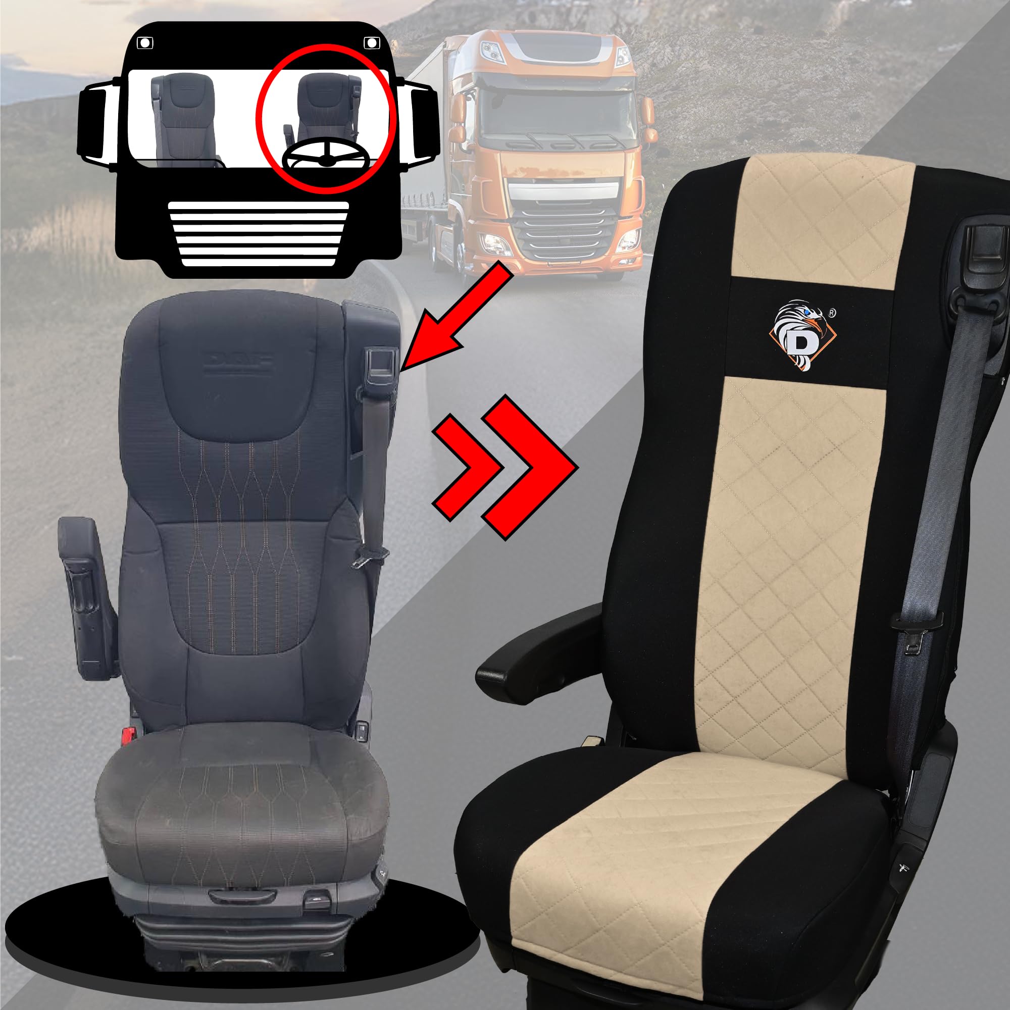 SABA Coprisedile Auto per DAF 105 XF dal 2012, 2 cinghie, Beige | Accessorio protettore sedile, DAF 106 XF dal 2013, XG, XG+ dal 2022 - coprisedile resistente per sedili anteriori