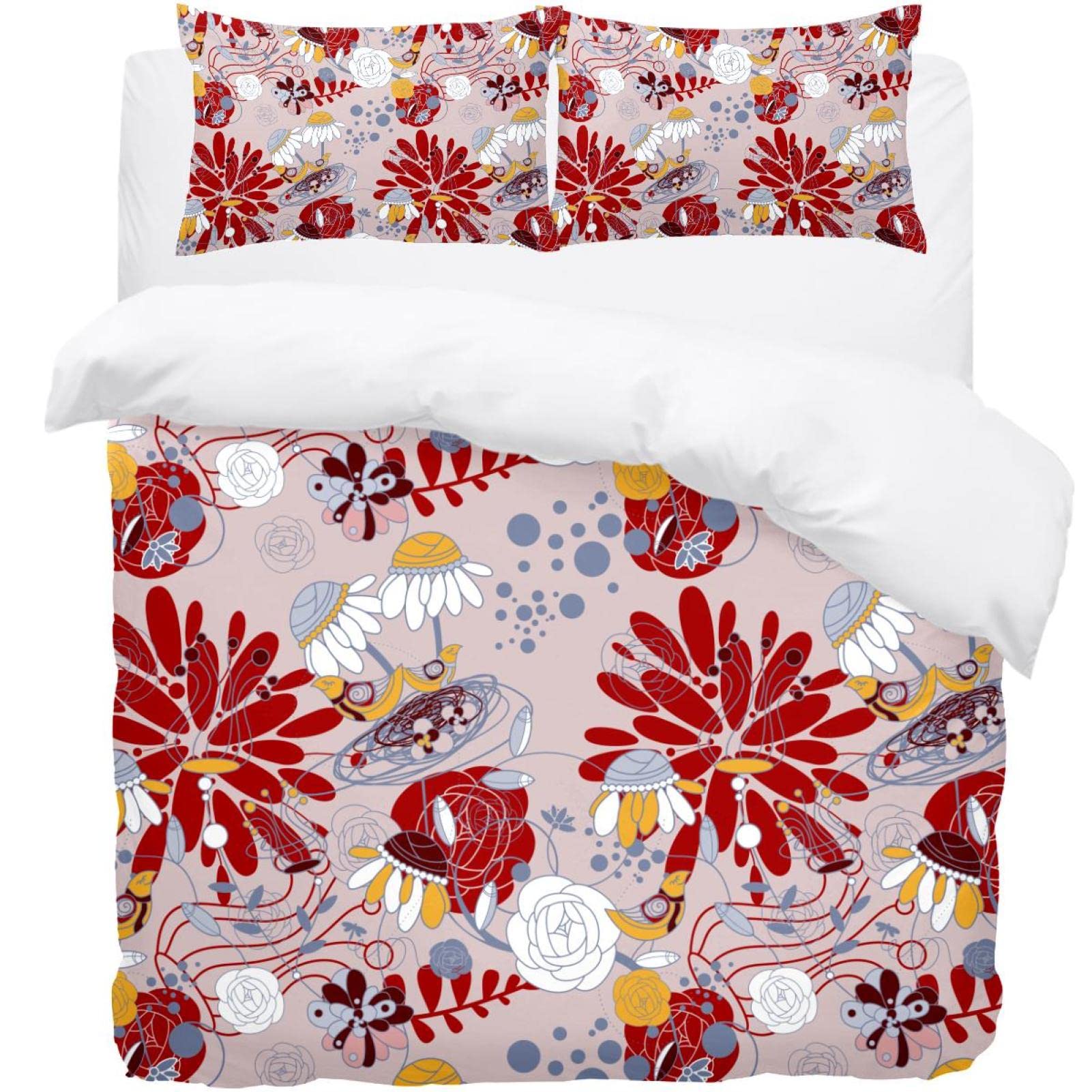 Parure de lit rouge à motif floral avec housse de couette 3 pièces et taies