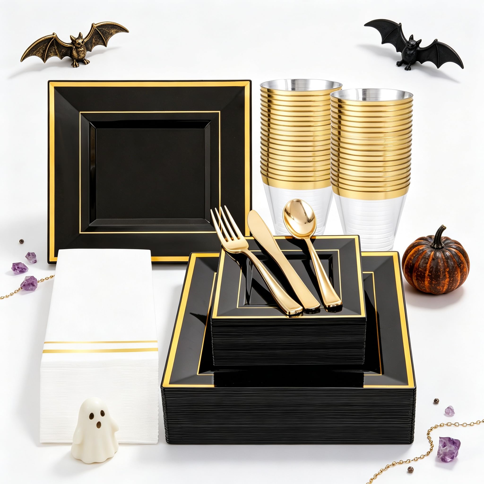 Festiva 350Pcs Black and Gold Plastic Plates-50Guests Disposable Square Black Dinnerware Set include 100 Plastic Plates,50Cups,150Plastic Cutlery,50Napkins for Halloween &amp;Wedding