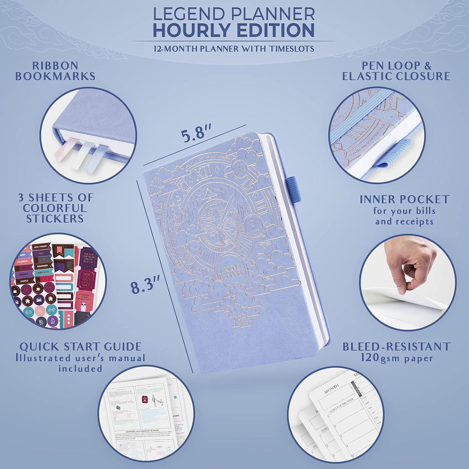 Legend Planner Hourly Schedule - Weekly & Daily Organizer with Time Slots. Appointment Book Journal for Work Undated, A5 (Periwinkle) - Image 3